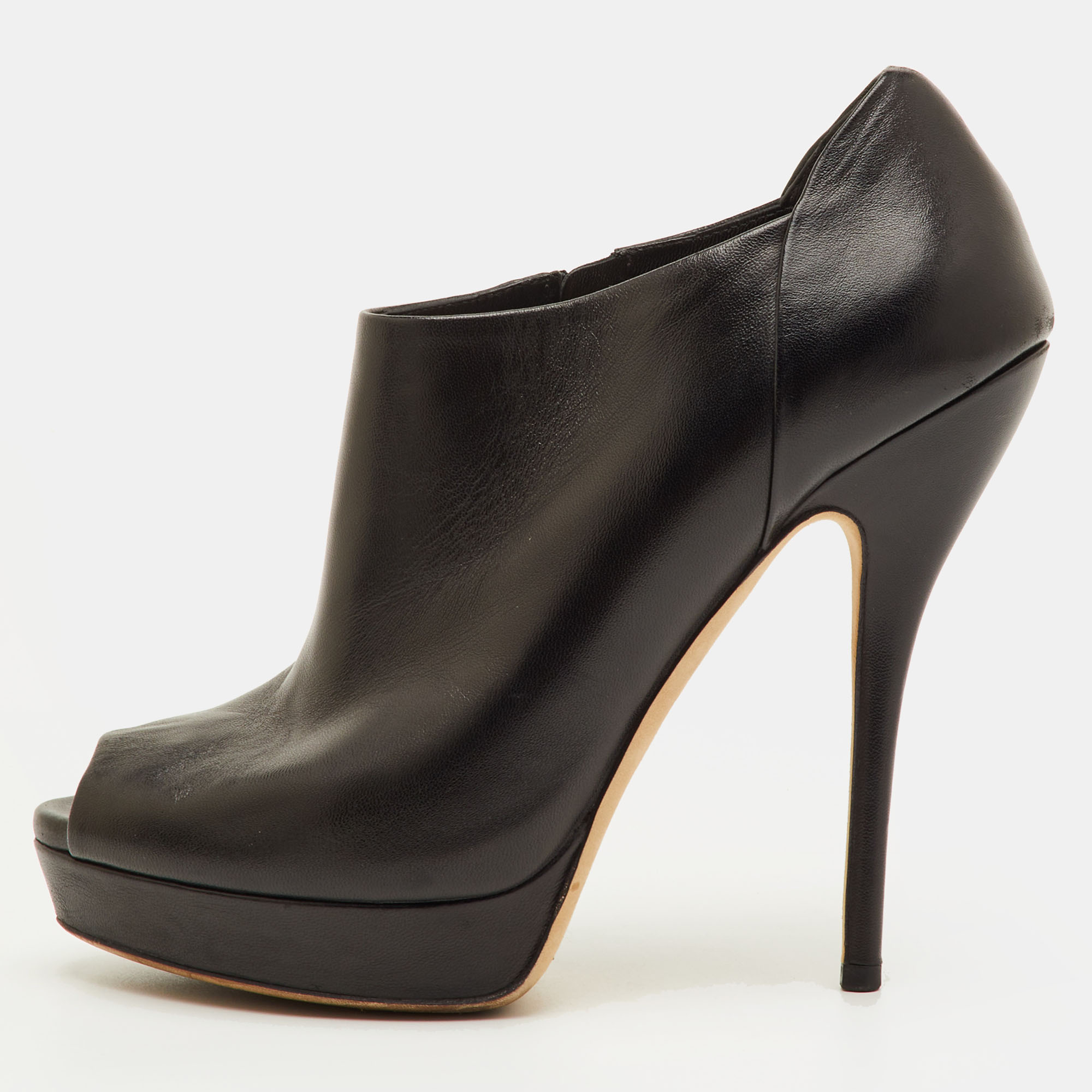 Gucci Size 38 Black Leather Peep Toe Platform Ankle Length Boots