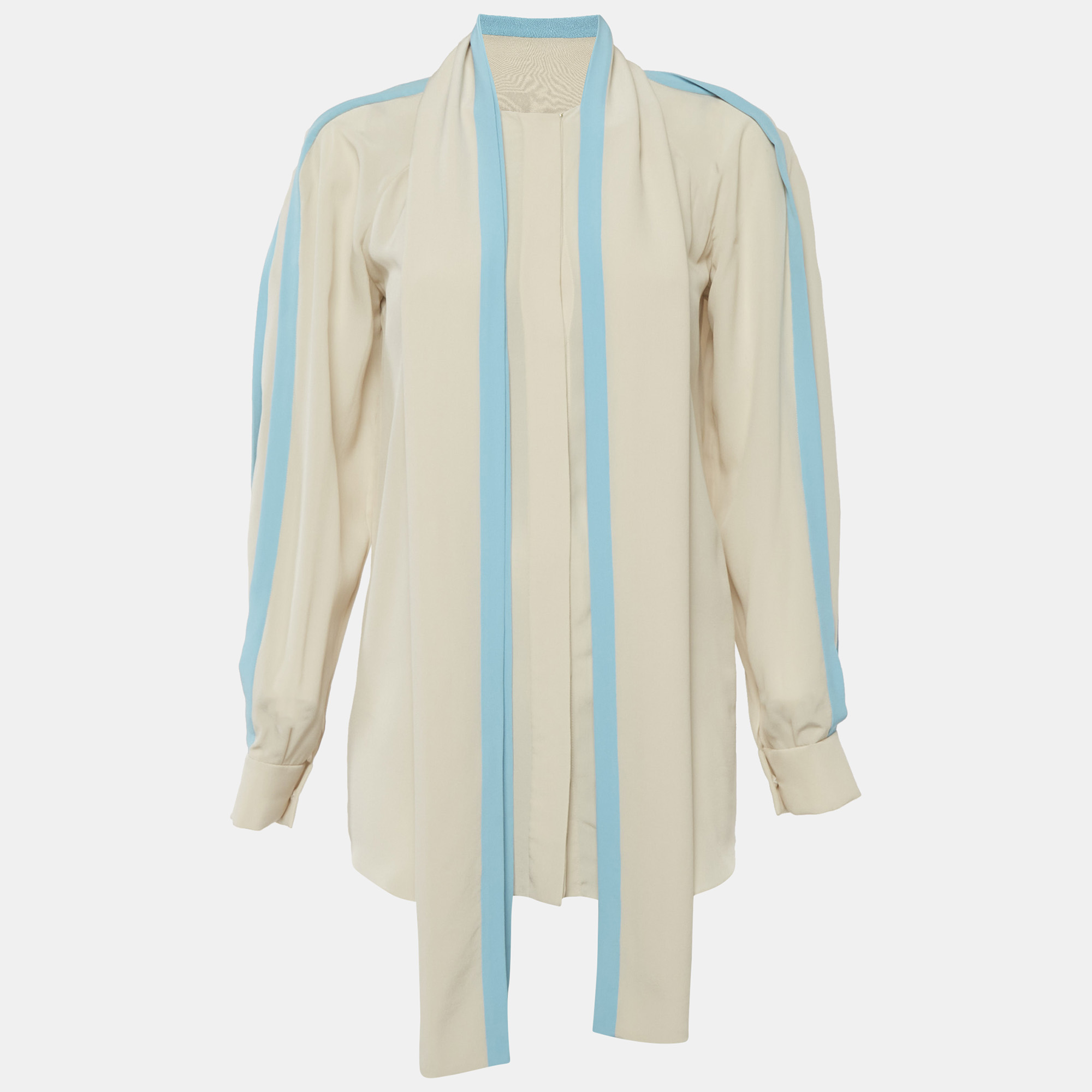 Chlo&eacute; Light Beige/Blue Silk Tie Detail Blouse S Chloe