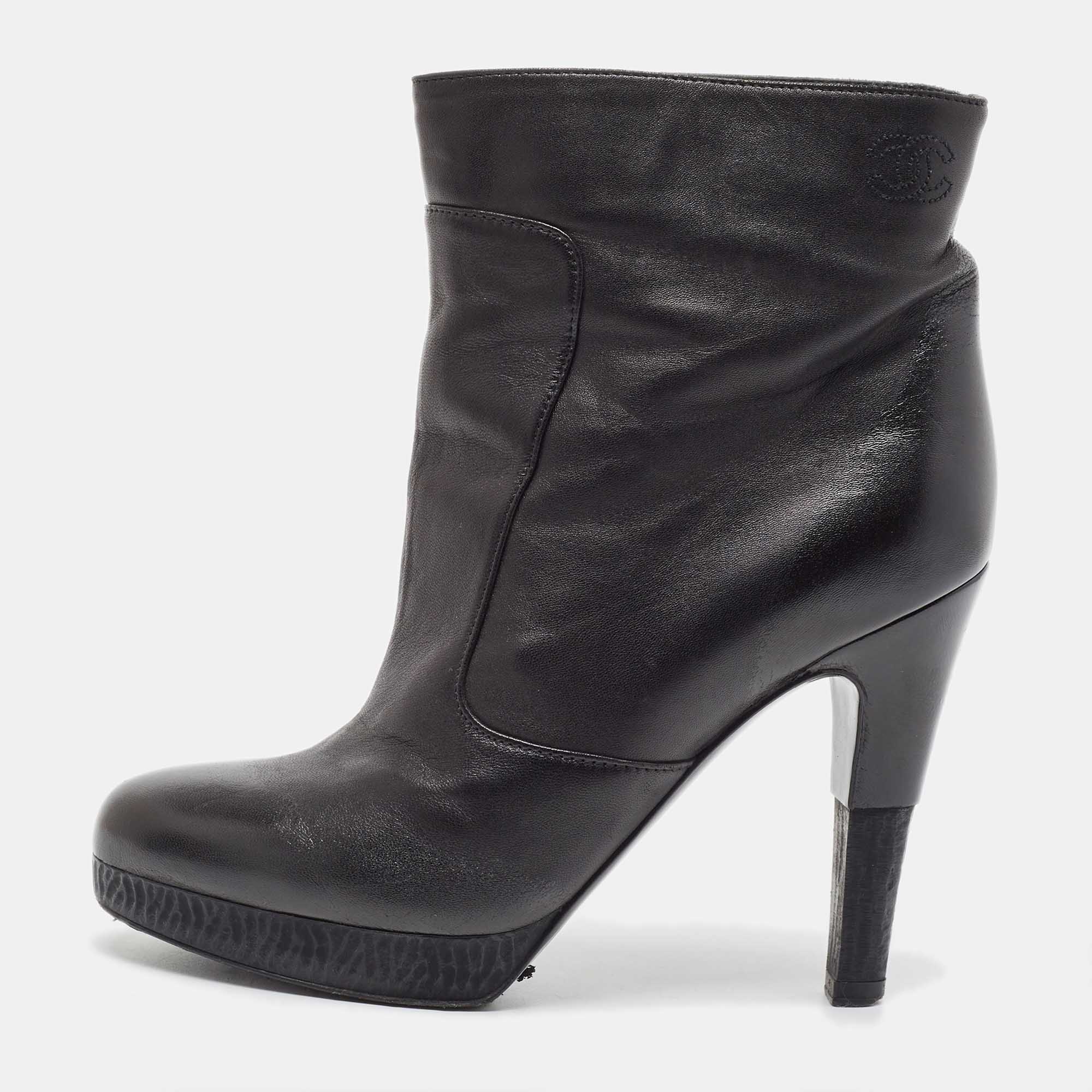 Chanel Black Leather Ankle Boots Size 36.5