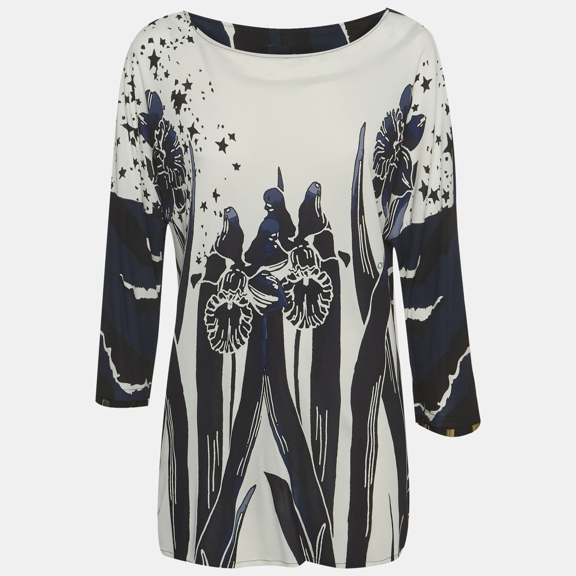 Class by Roberto Cavalli Blue/White Printed Jersey Blouse M