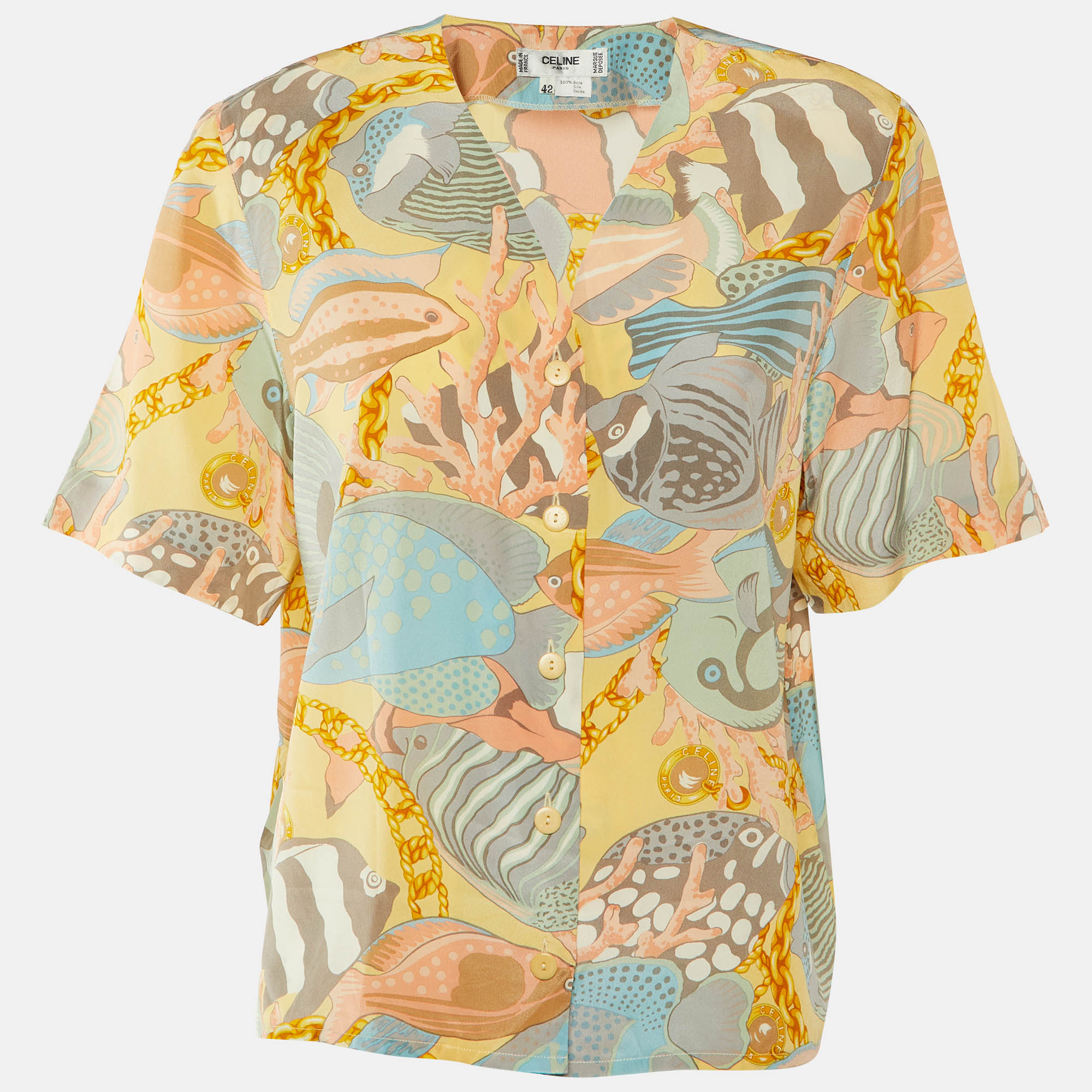 Celine Multicolor Fish Print Silk Button Front Blouse L