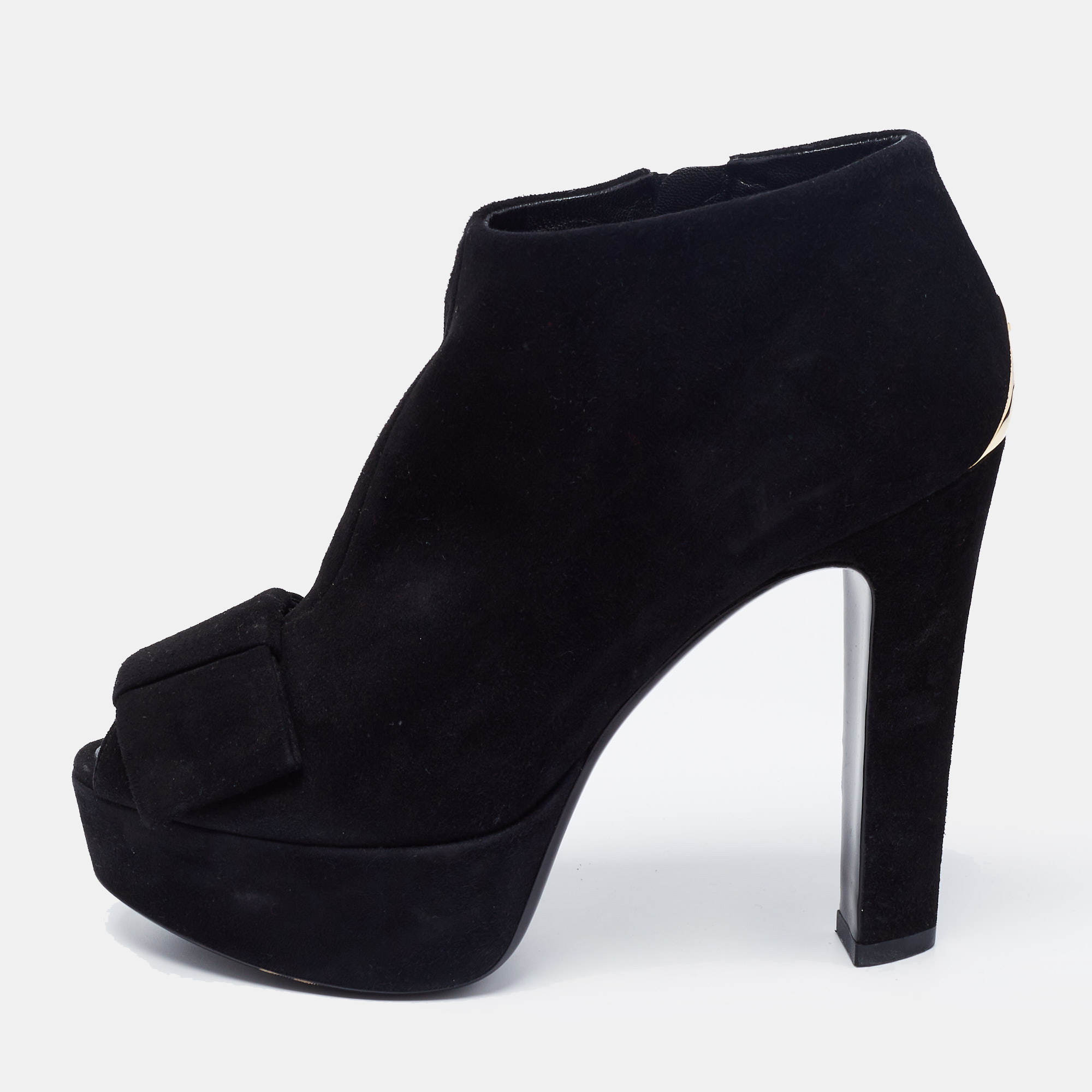 Louis Vuitton Black Suede Bow Peep Toe Ankle Booties Size 36.5