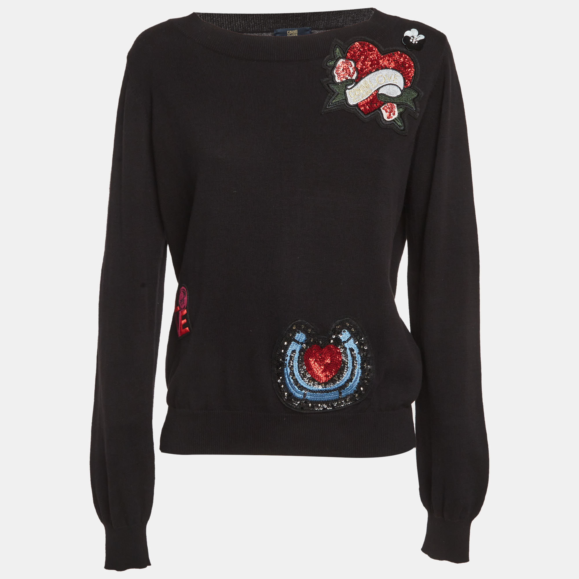 Cavalli Class Black Cotton Knit Embroidered Patch Detail Jumper M Class by Roberto Cavalli