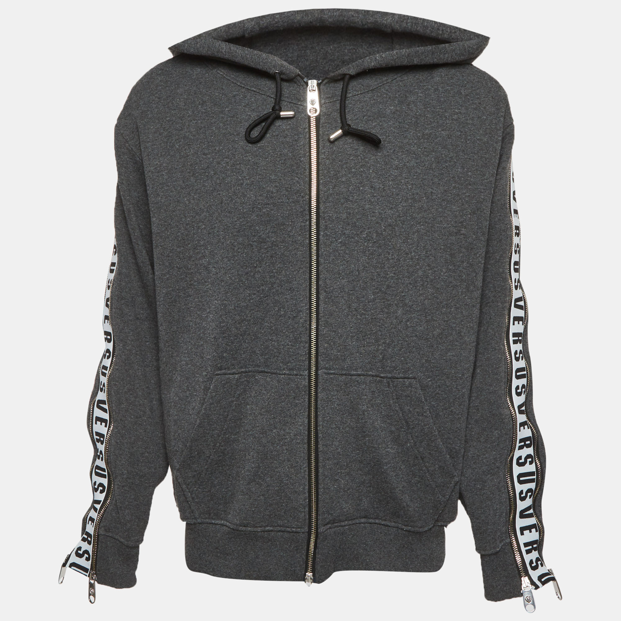 Versus Versace Grey Cotton Knit Logo Tape Zip Detail Hooded Jacket XL