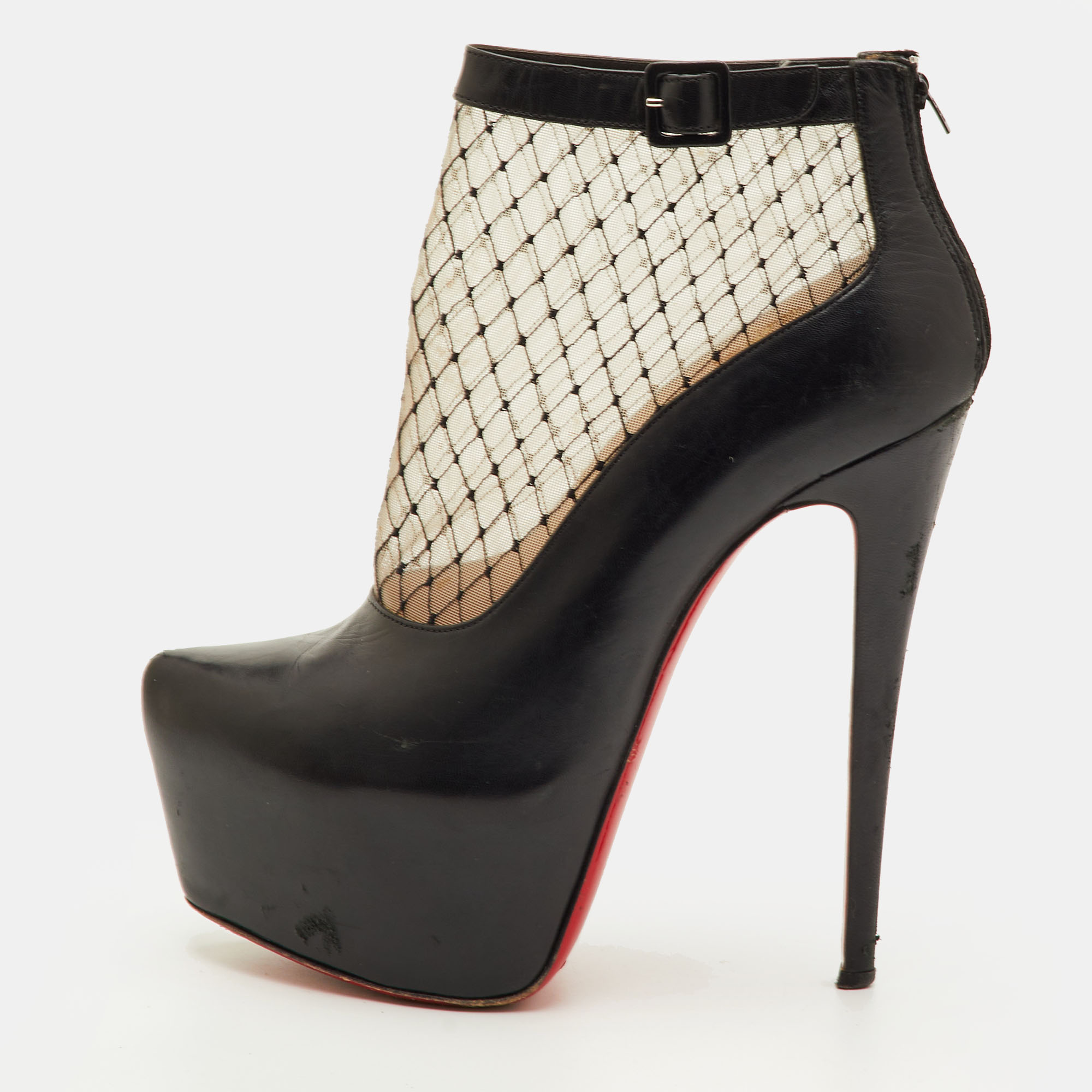 Christian Louboutin Resillissima Size 38.5 Black Leather and Mesh Platform Ankle Length Boots