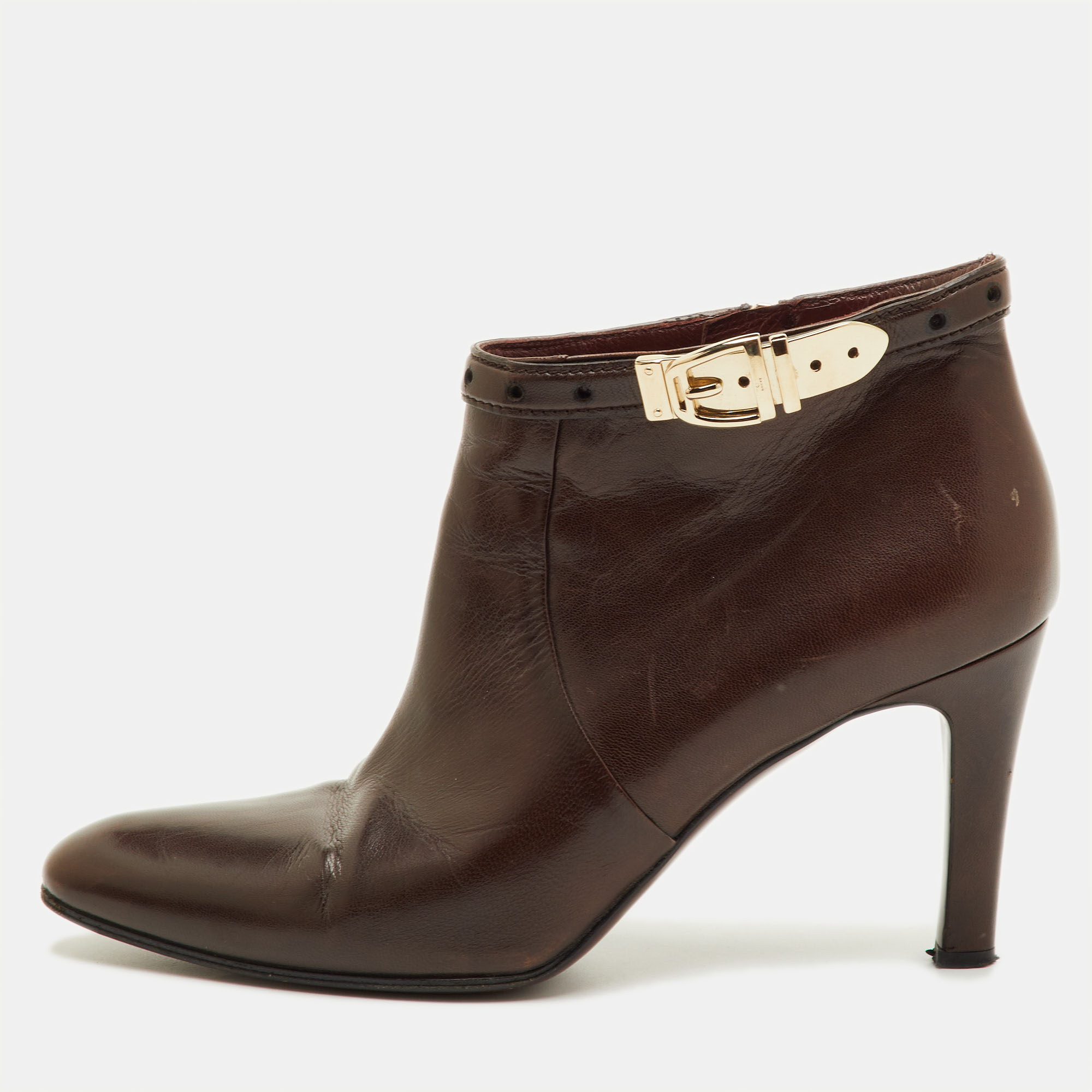 Gucci Size 38.5 Dark Brown Leather Buckle Detail Ankle Length Boots