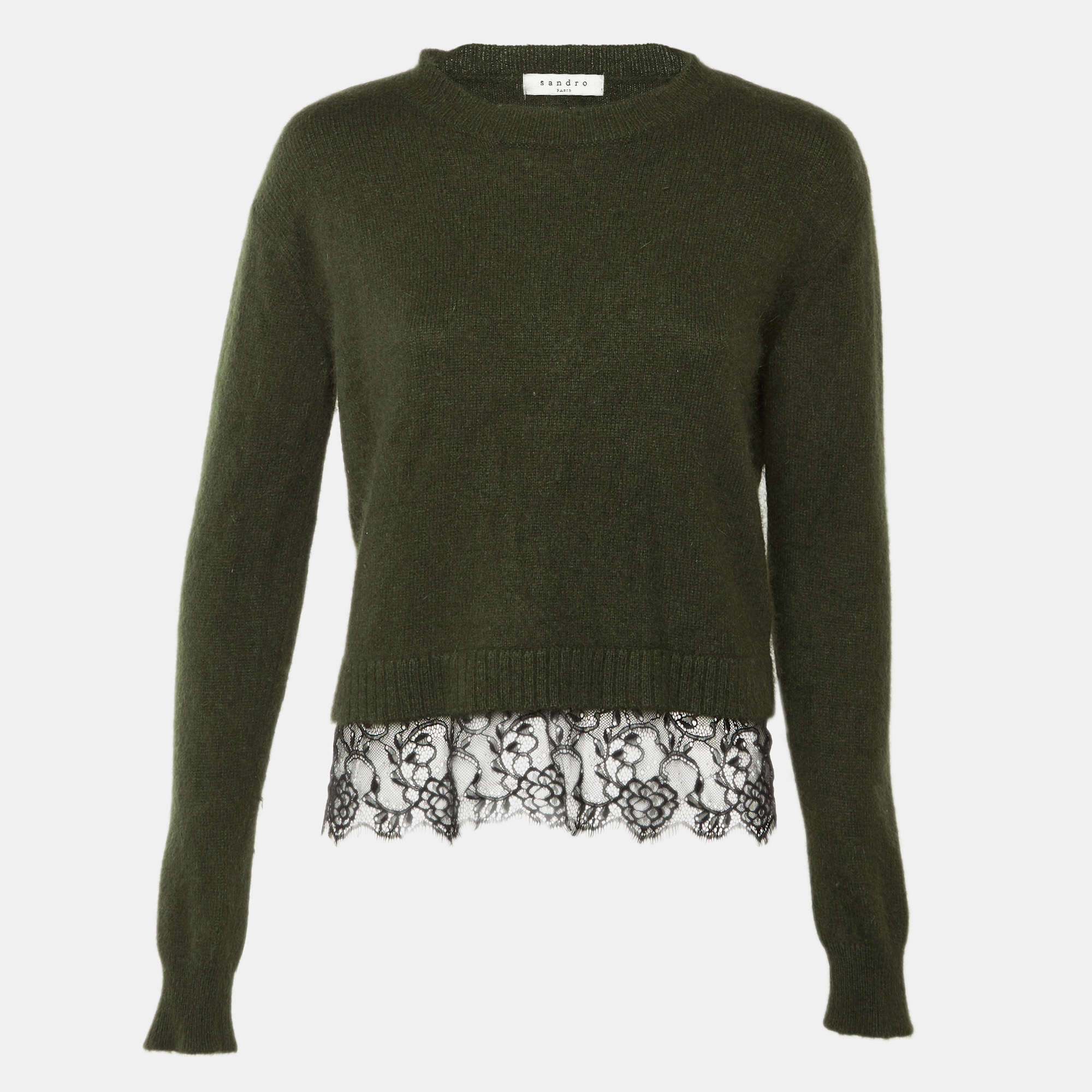 Sandro Olive Green Wool & Lace Hem Sweater S