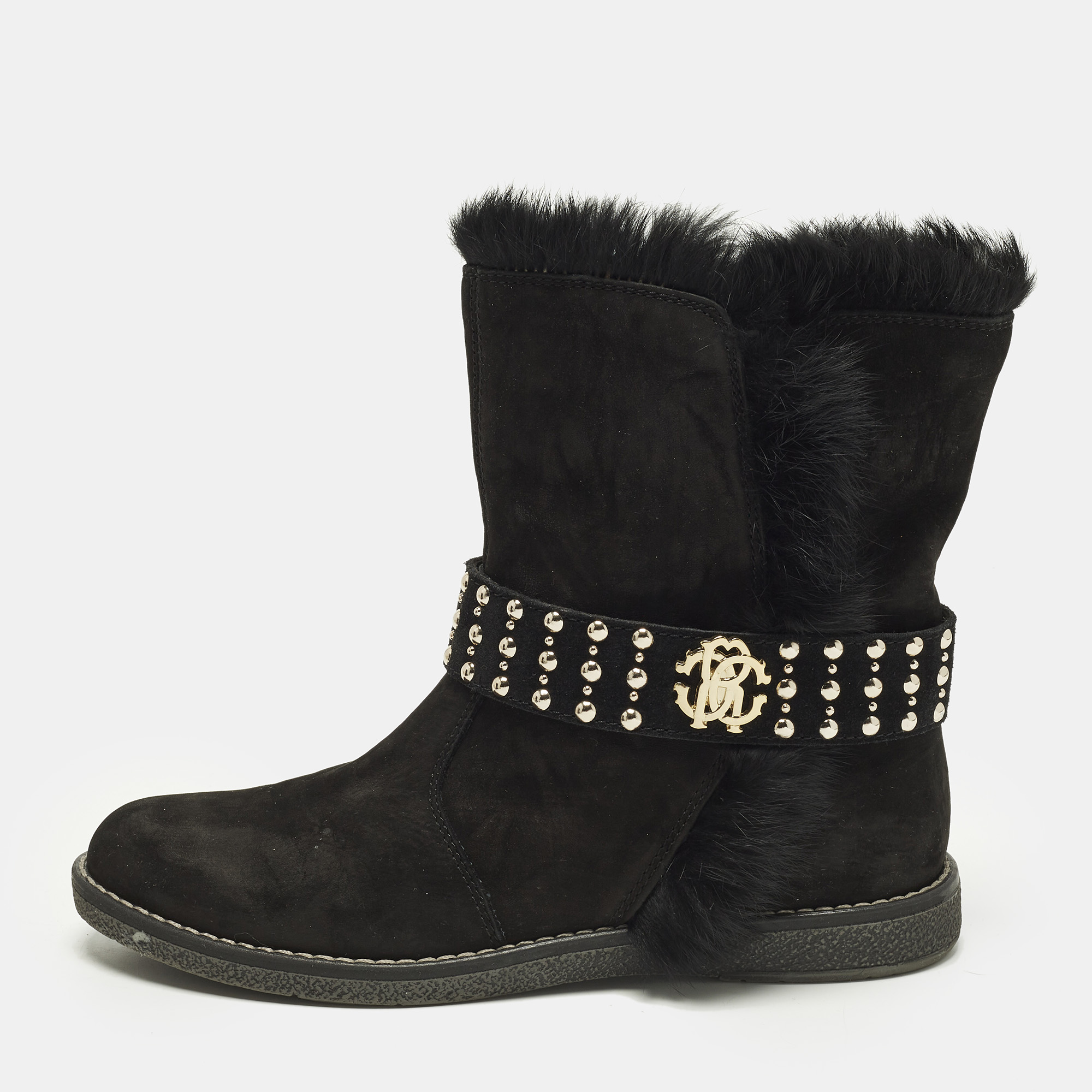 Roberto Cavalli Biker Size 36 Black Suede And Fur Ankle Length Boots