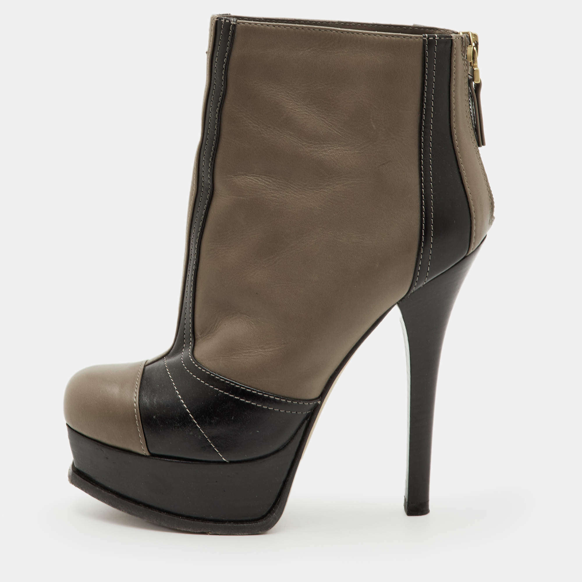 Fendi Fendista Size 36 Taupe Brown/Black Leather Platform Ankle Length Boots