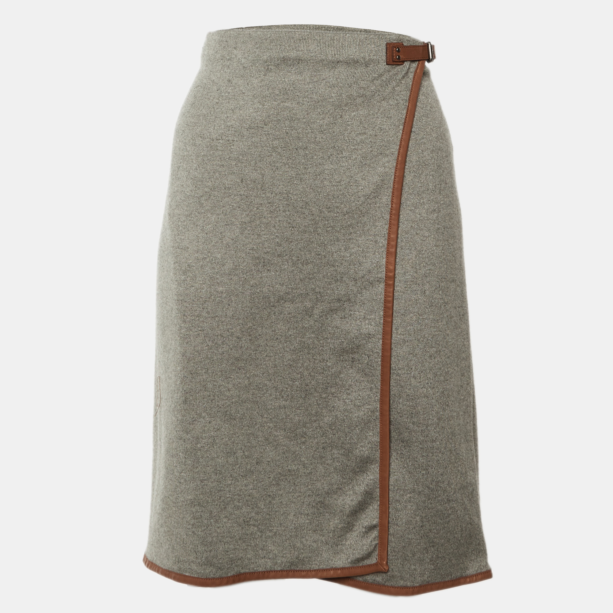 Ralph Lauren Grey Knit & Leather Trim Wrap Skirt M