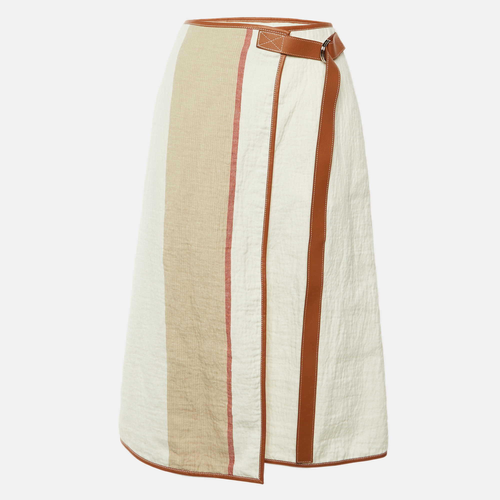 Loewe White Linen & Leather Trim Belted Midi Skirt L