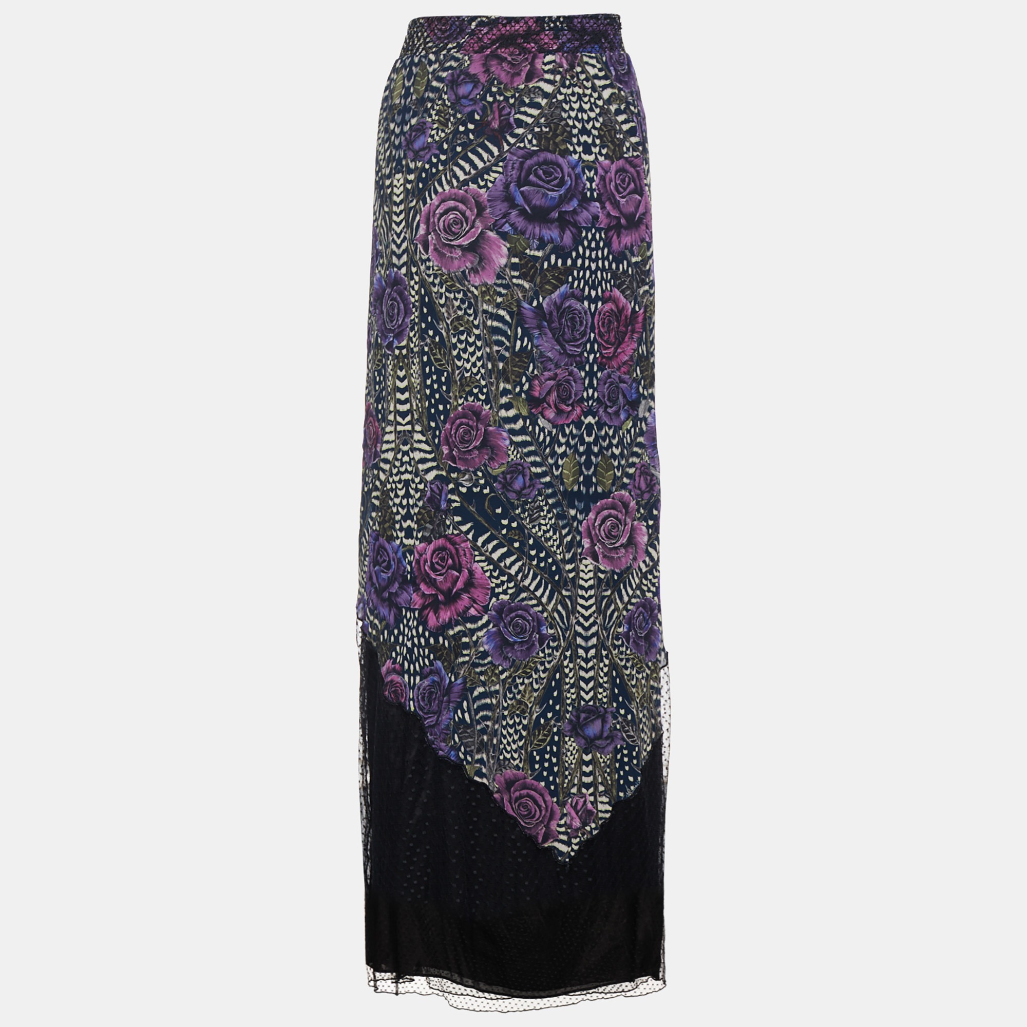 Just Cavalli Purple Floral Printed Crepe and Tulle Maxi Skirt M