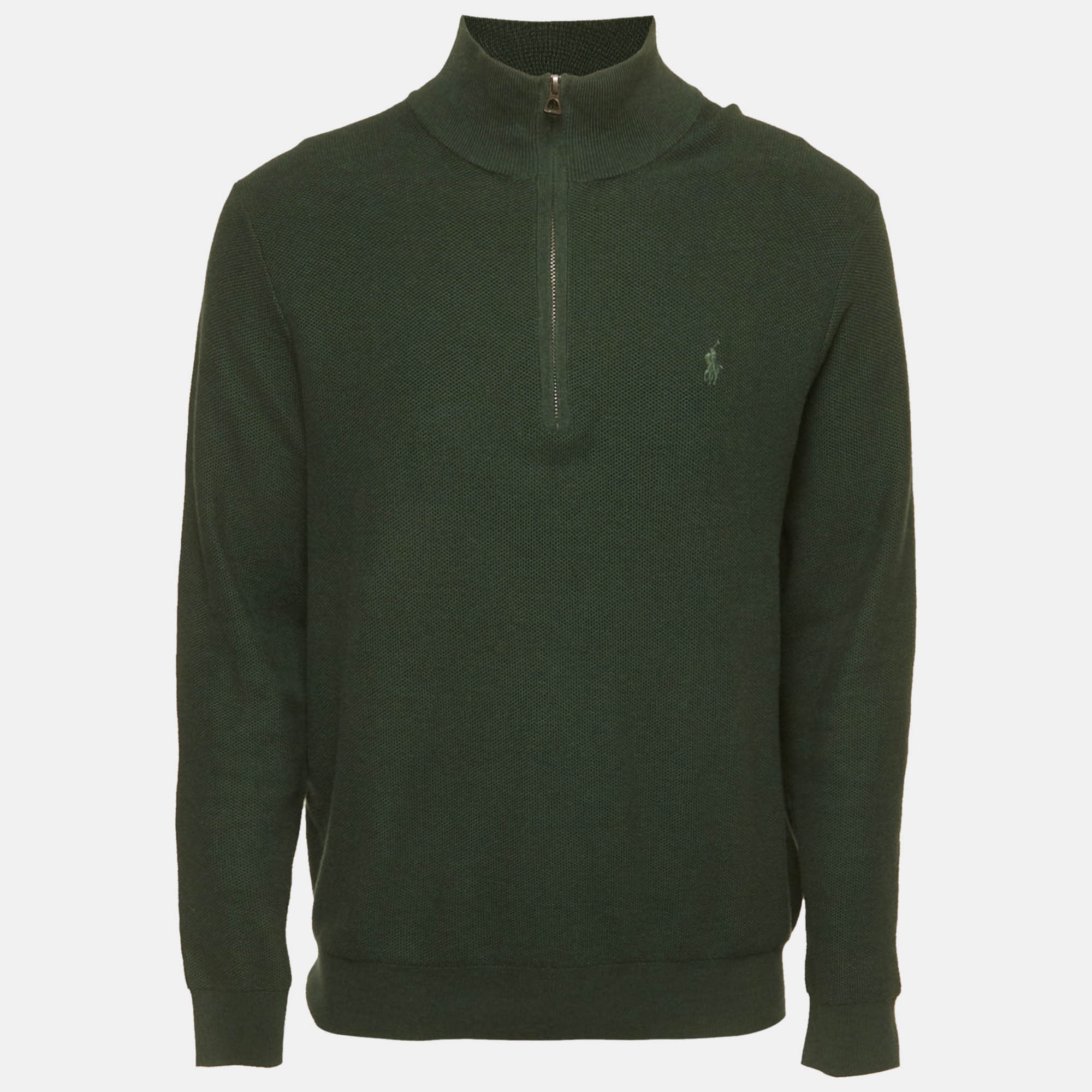 Polo Ralph Lauren Green Mesh Knit Cotton Quarter Zip Sweater L