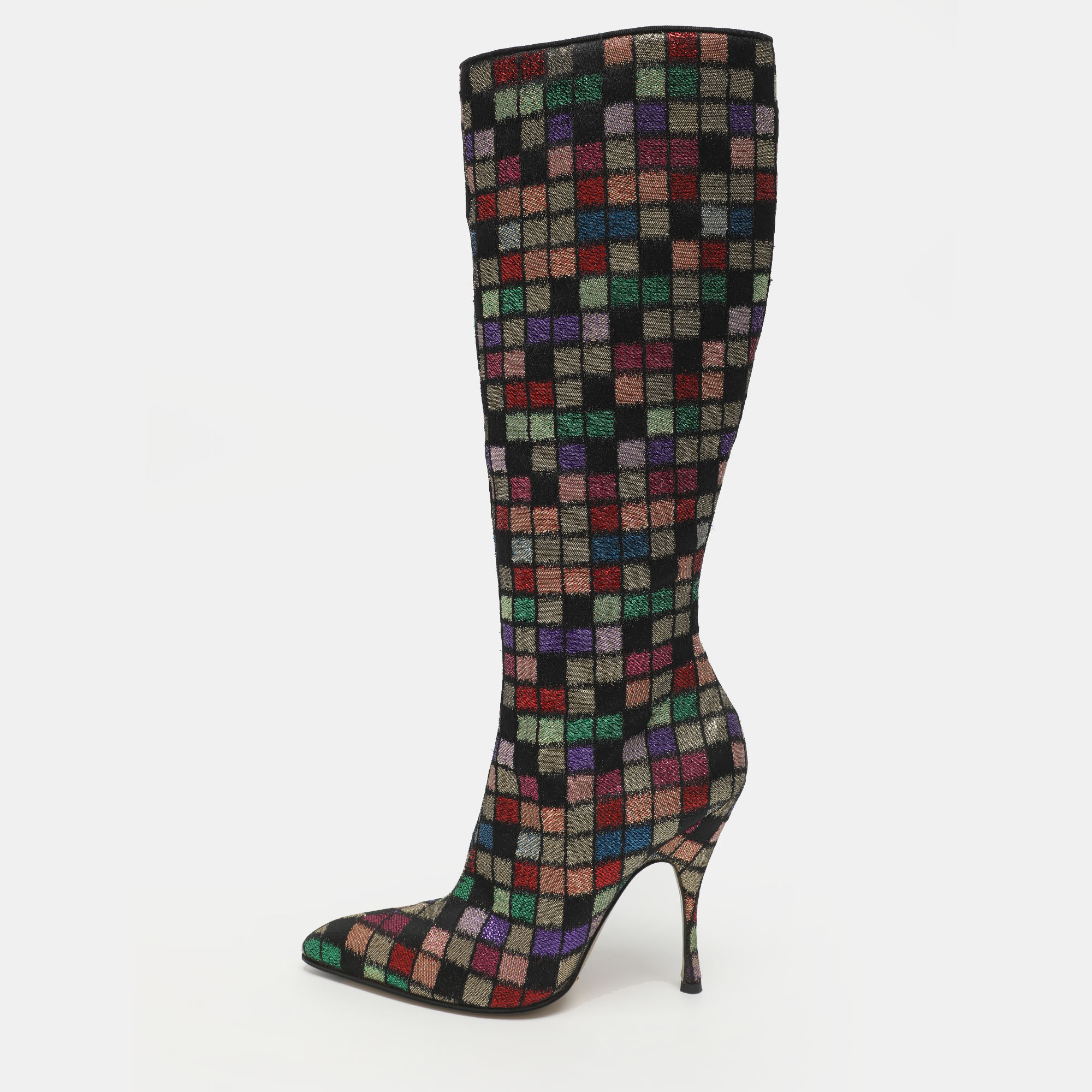 Dolce & Gabbana Size 40.5 Multicolor Elastane and Checkered Lam&eacute; Fabric Knee Length Boots