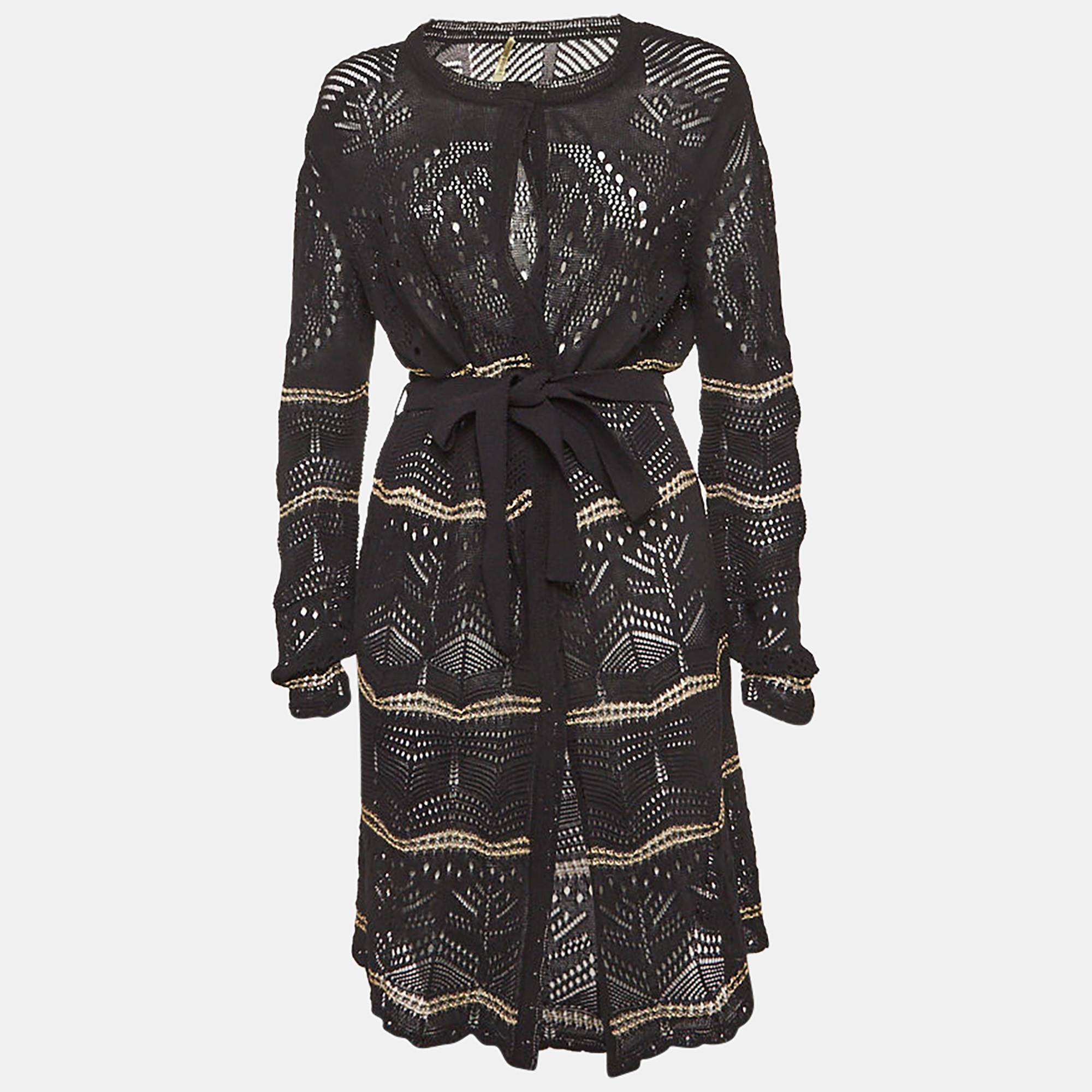 Roberto Cavalli Black Pointelle Knit Belted Cardigan L