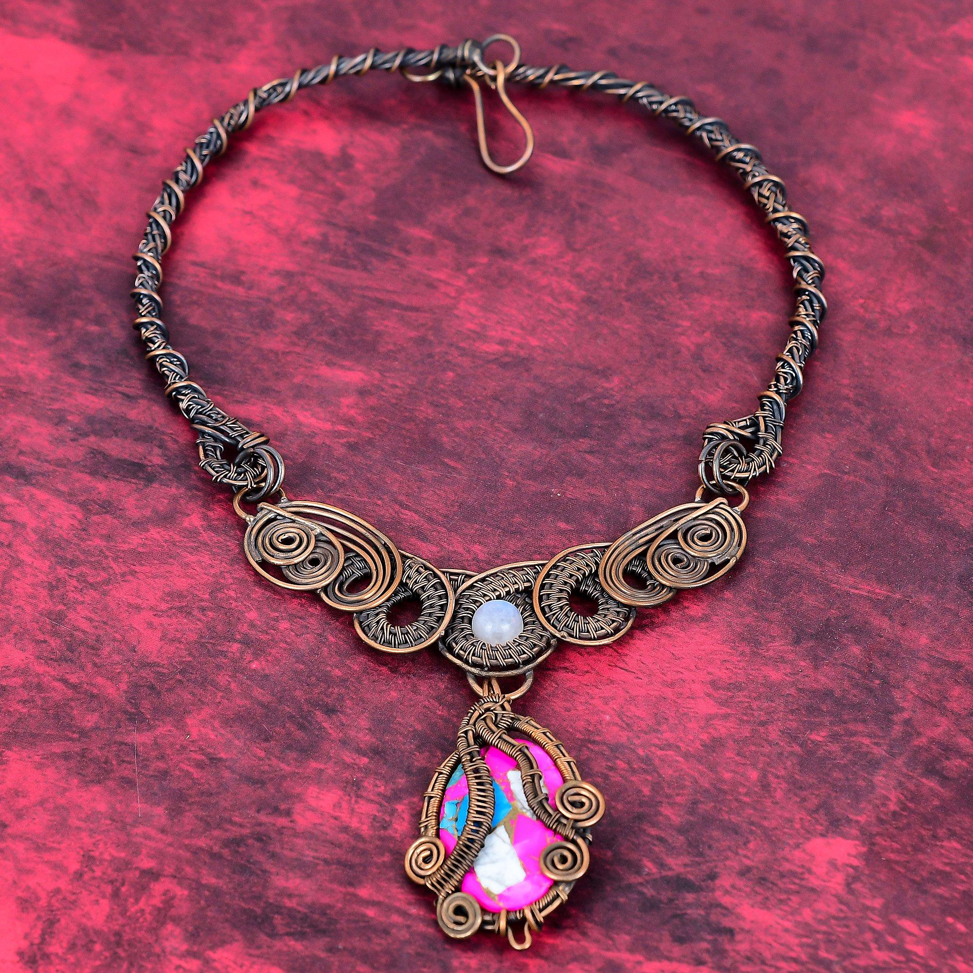 Cotton candy turquoise necklace copper wire wrapped necklace rainbow moonstone gemstone jewelry handmade necklace copper jewelry for gifts brown Wire Wrapped Jewelry