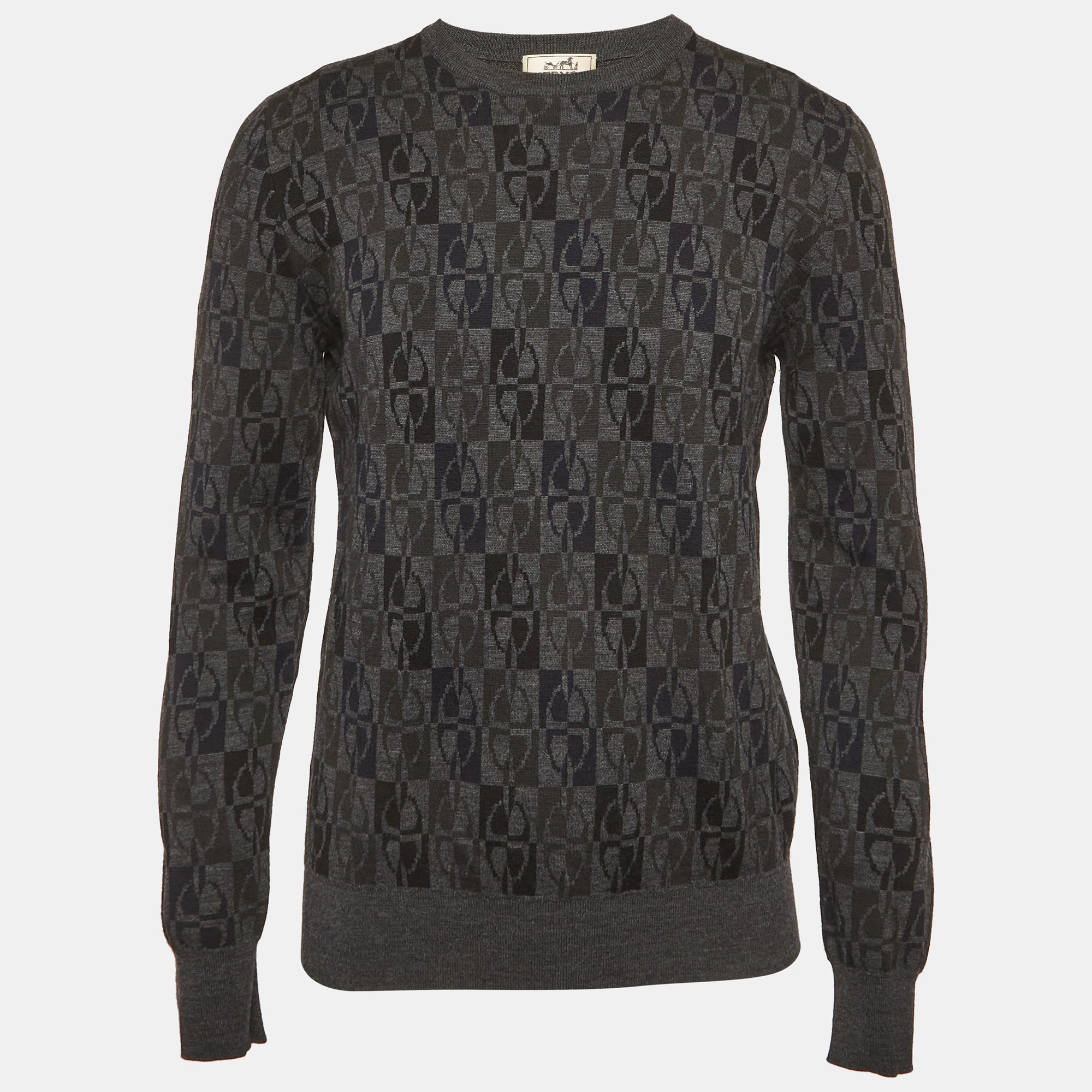 Hermes Grey Intarsia Wool Knit Sweater M