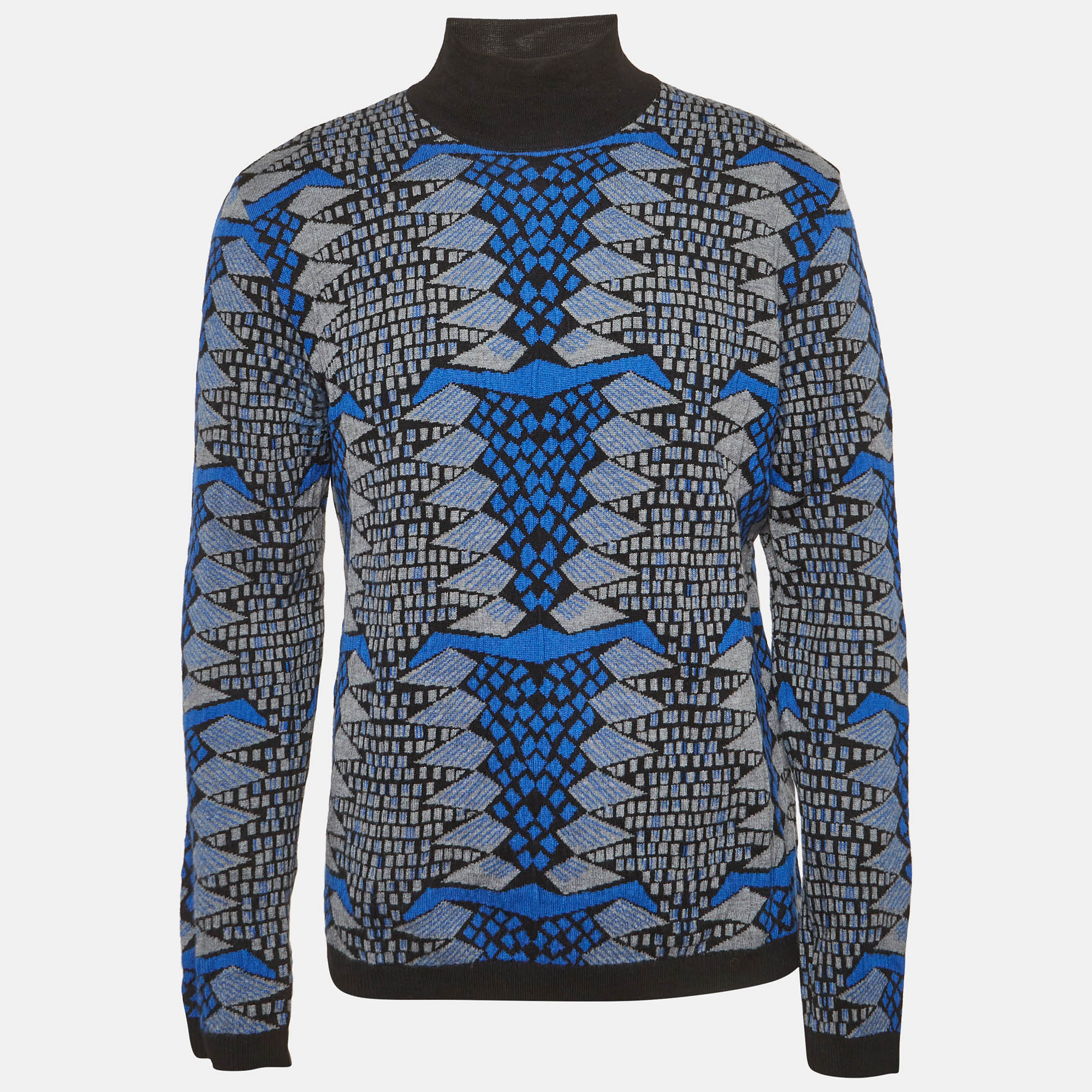 Versace Blue Intarsia Wool Knit Turtle Neck Sweater XL