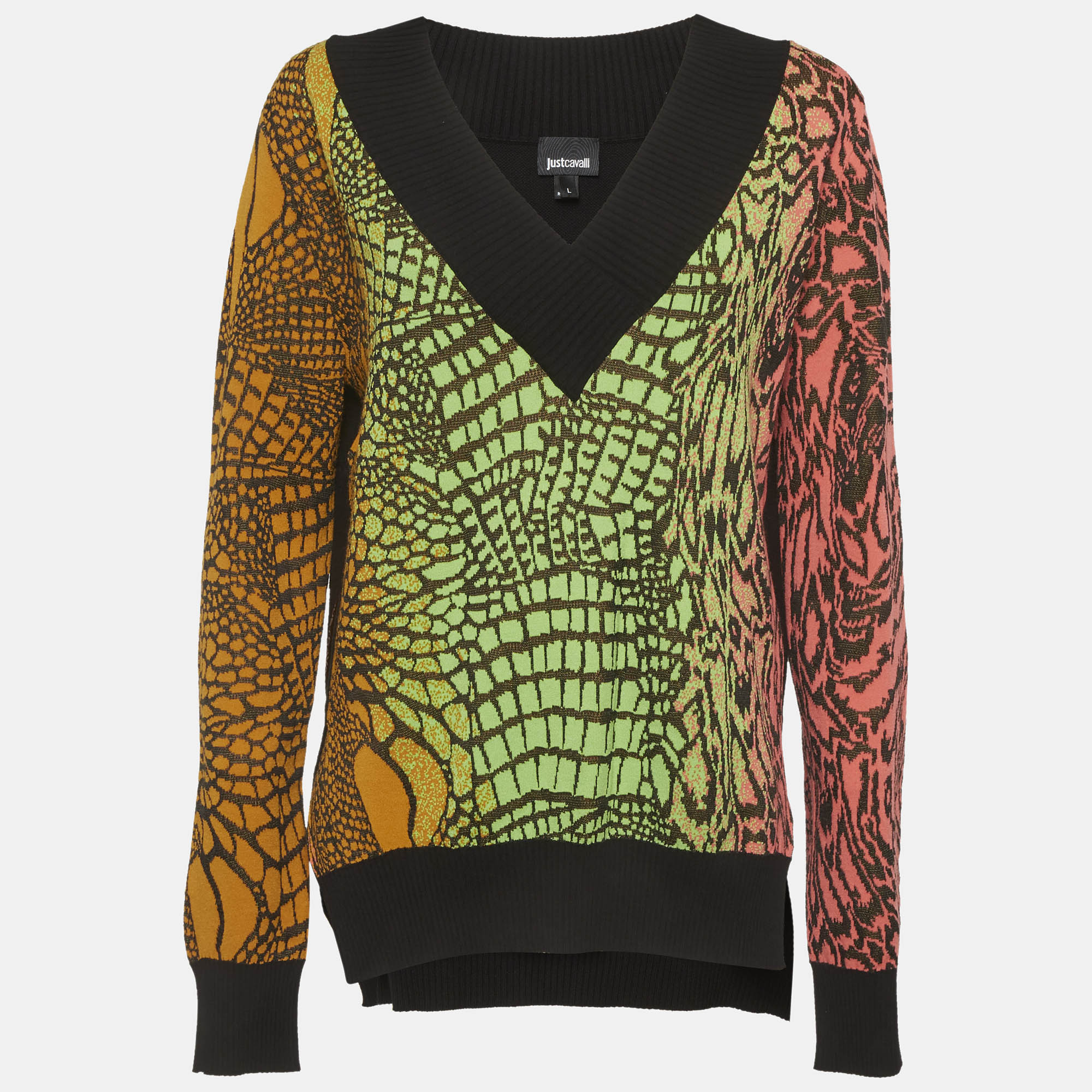 Just Cavalli Multicolour Animal Pattern Knit V-Neck Sweater L