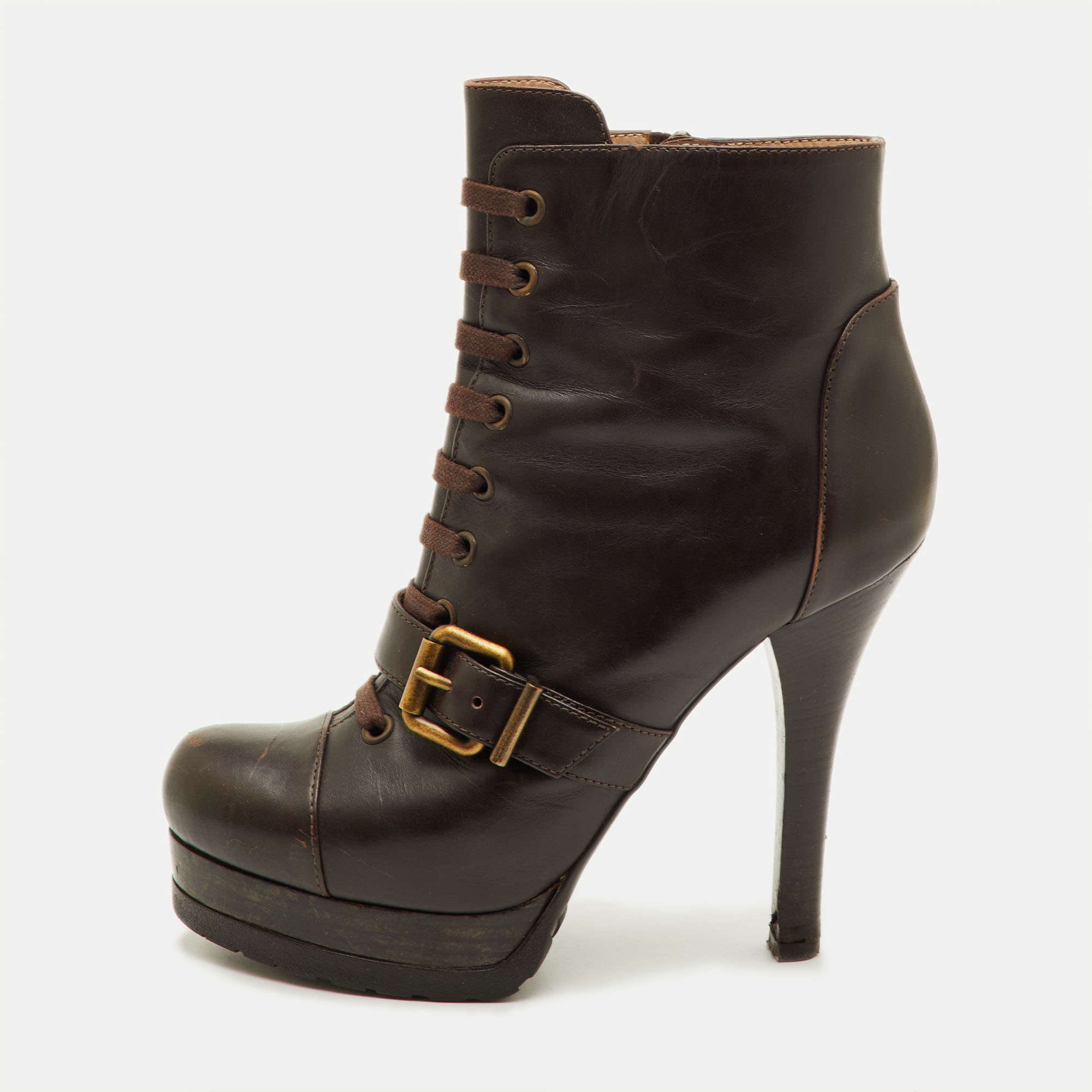 Fendi Size 37.5 Dark Brown Leather Platform Ankle Length Boots