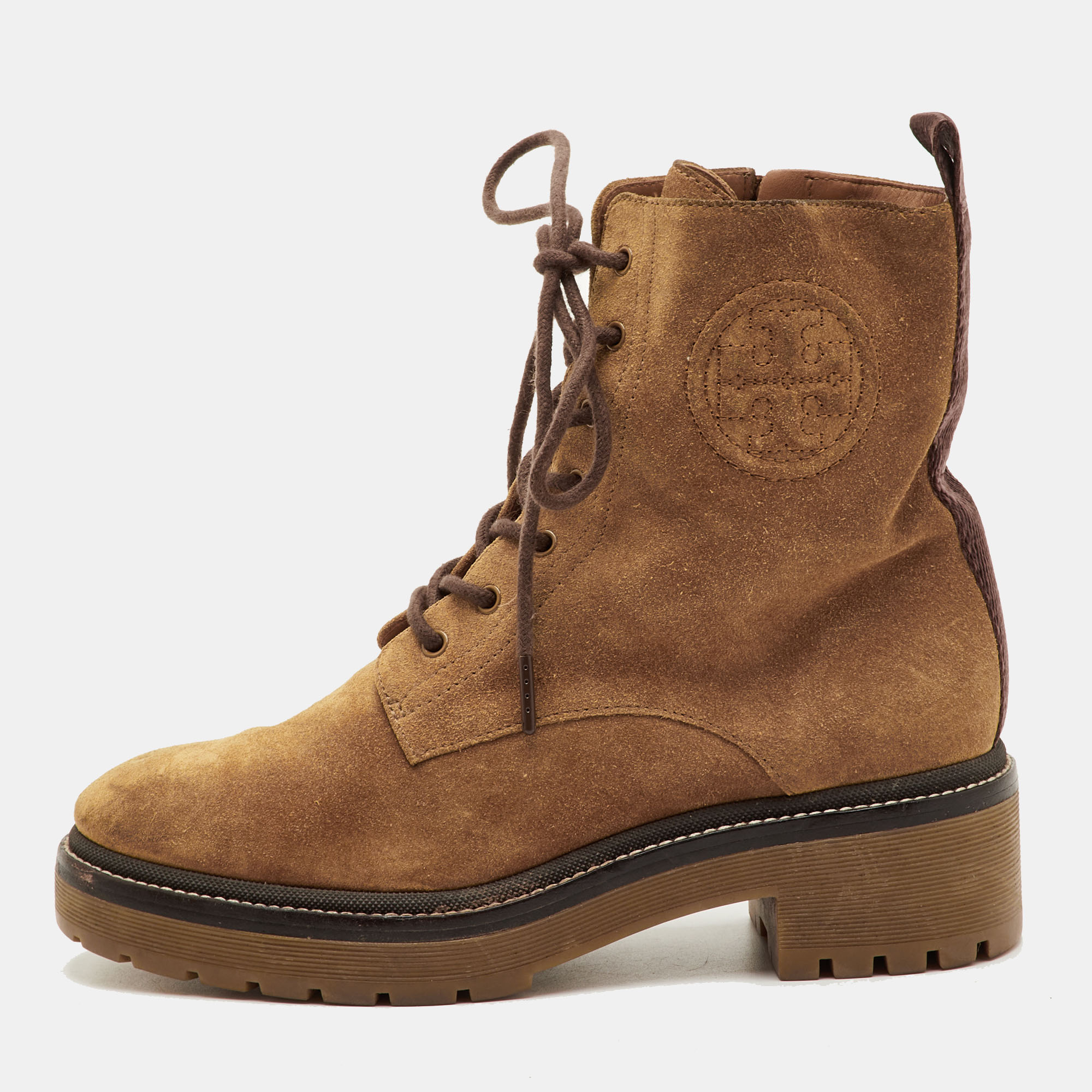 Tory Burch Miller Size 36.5 Tan Suede Lug Sole Lace Up Combat Boots