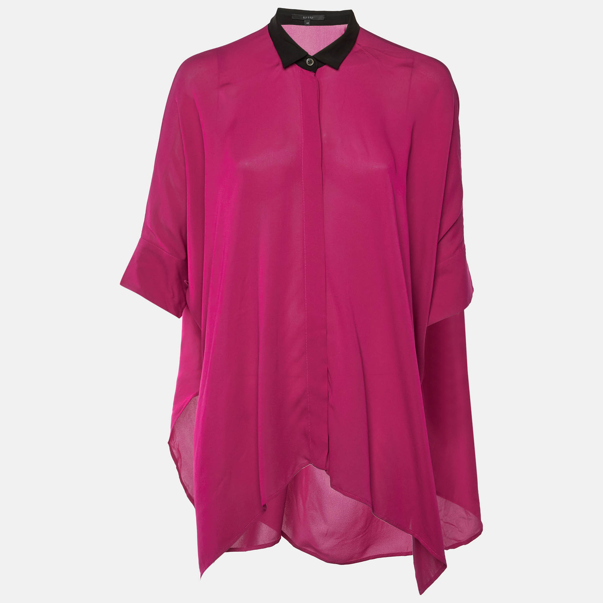 Gucci Magenta Silk Button Front Draped Oversized Blouse S