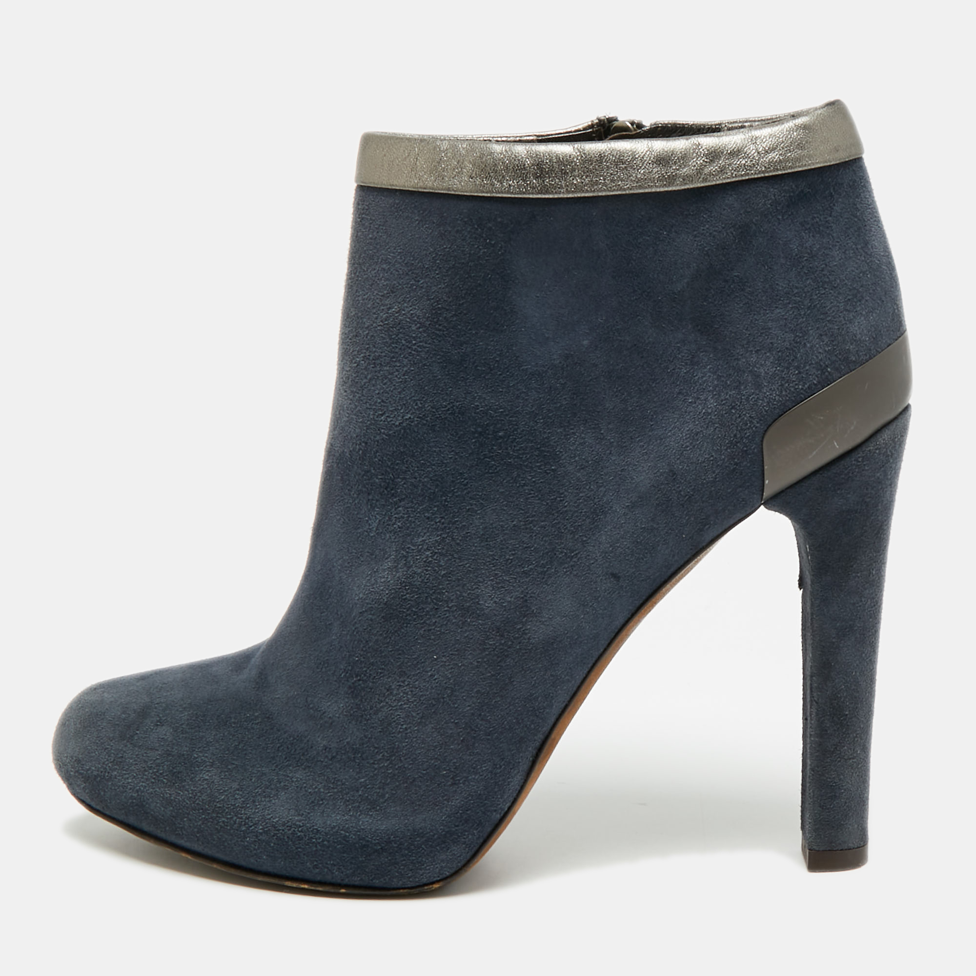 Fendi Size 39.5 Navy Blue Leather and Suede Ankle Length Boots