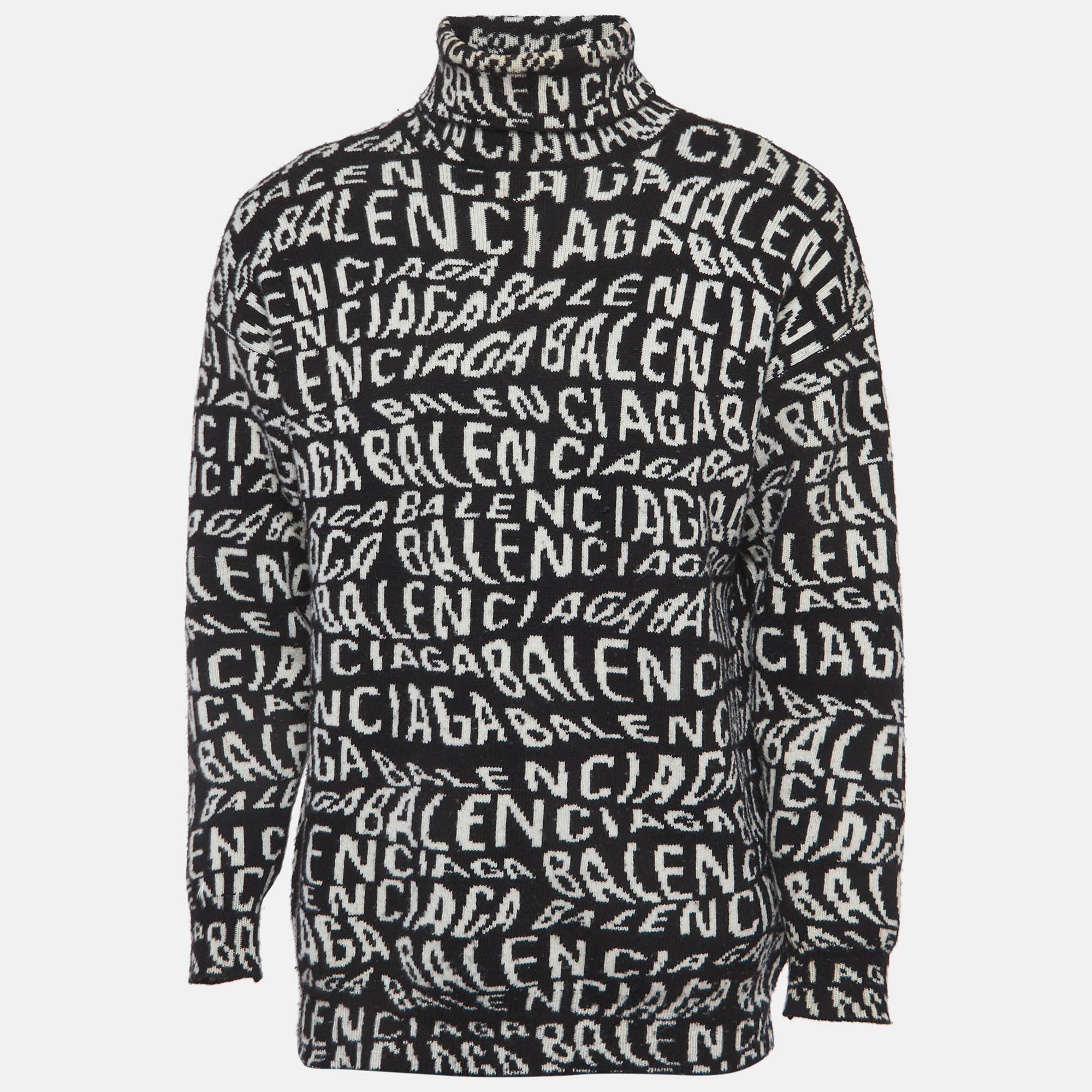 Balenciaga Black/White Logo Wave Knit Turtleneck Sweater XS