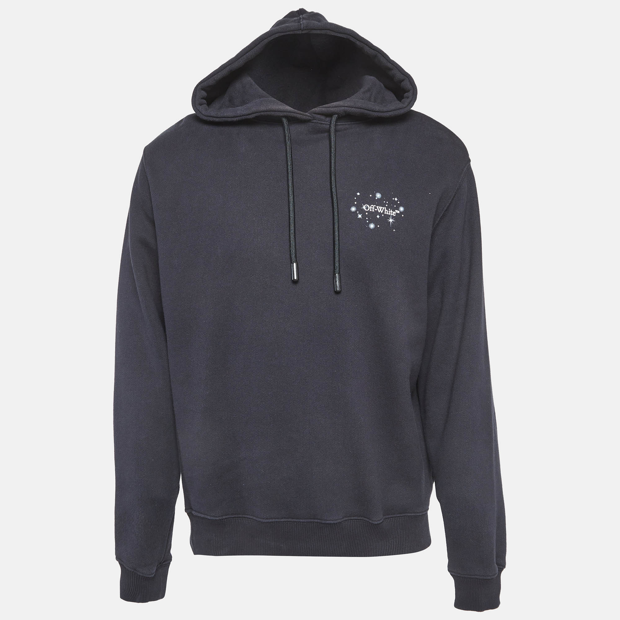 Off-White Navy Blue Logo Print Cotton Knit Hoodie S