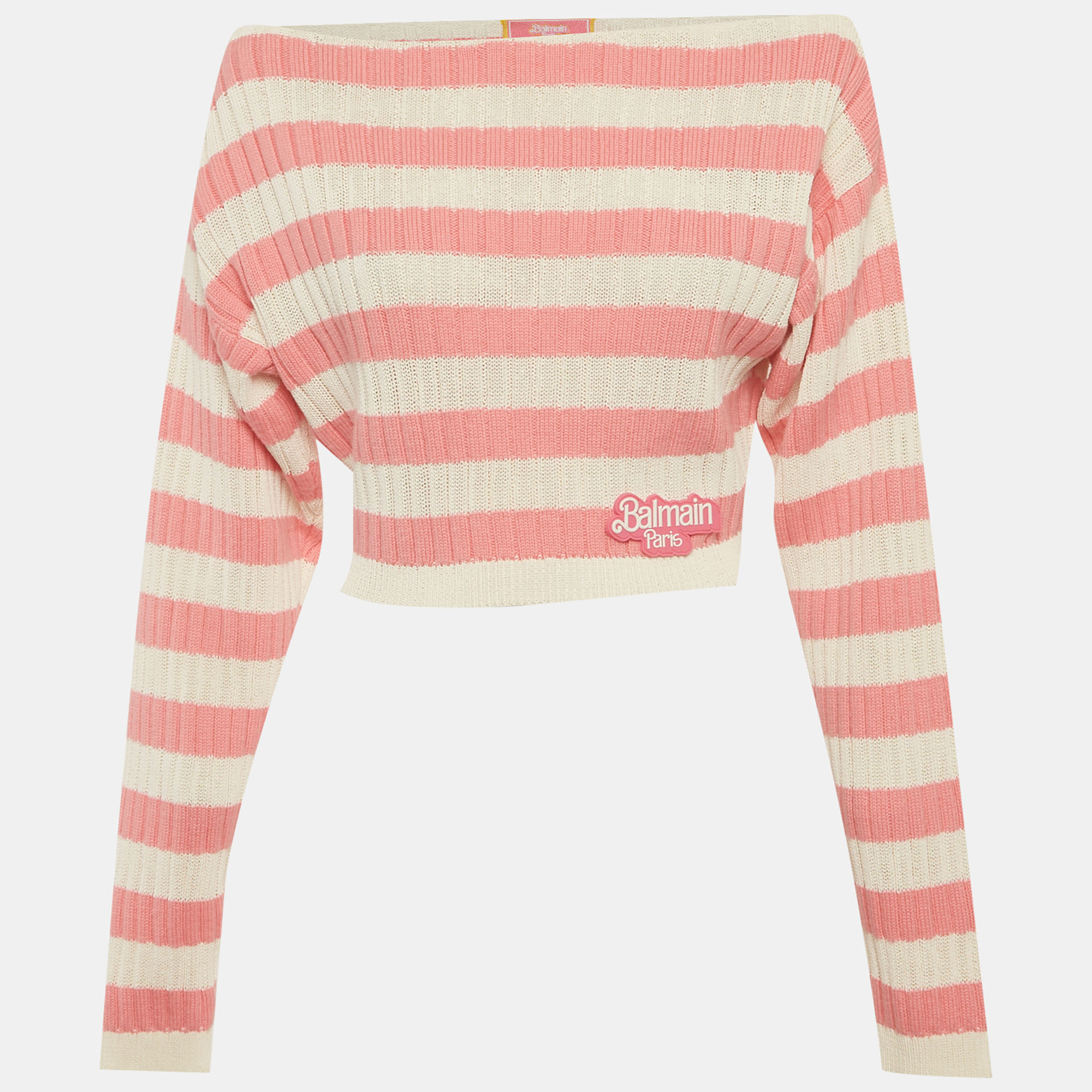 Balmain x Barbie White/Pink Striped Rib Knit Cropped Sweater S