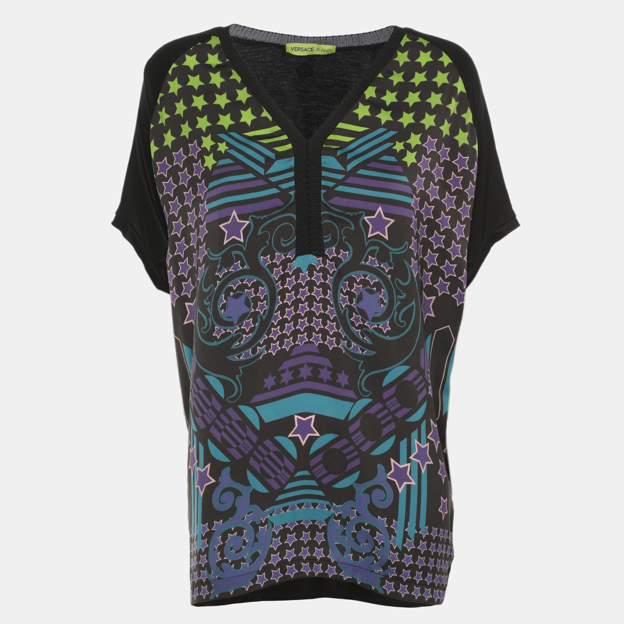 Versace Jeans Black Multicolor Star Print Satin Blouse S