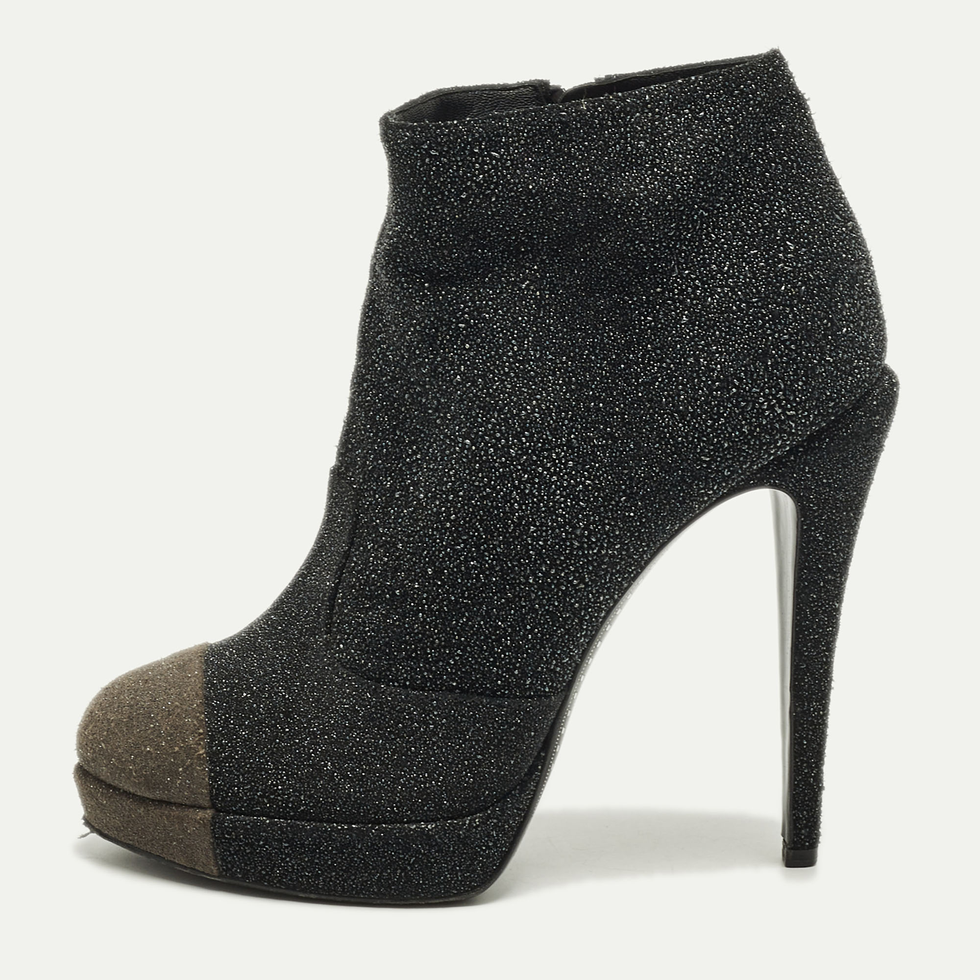 Chanel CC Size 39 Black/Beige Glitter and Suede Ankle Length Boots