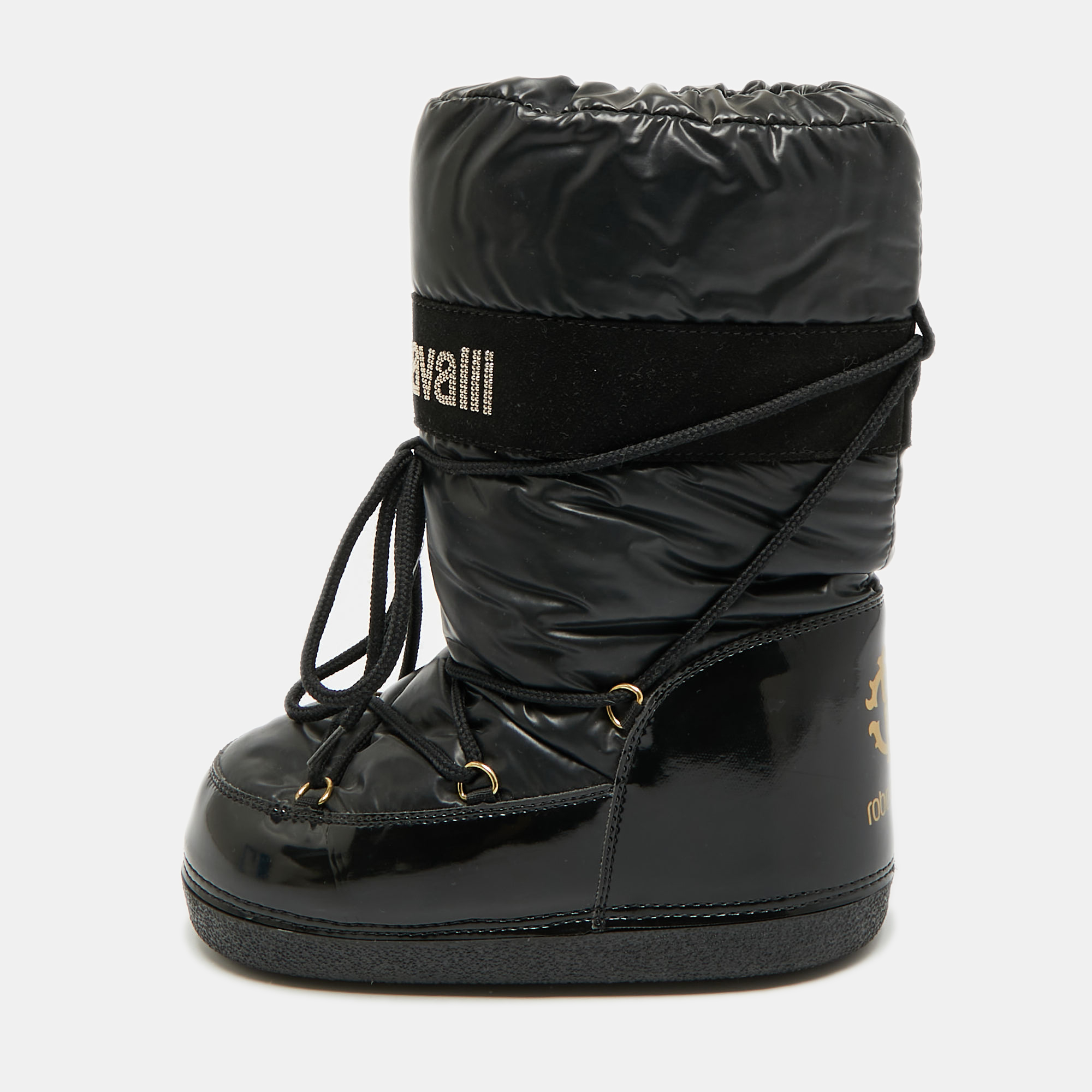 Roberto Cavalli Logo Size 35 Black Patent Leather and Nylon Snow Boots