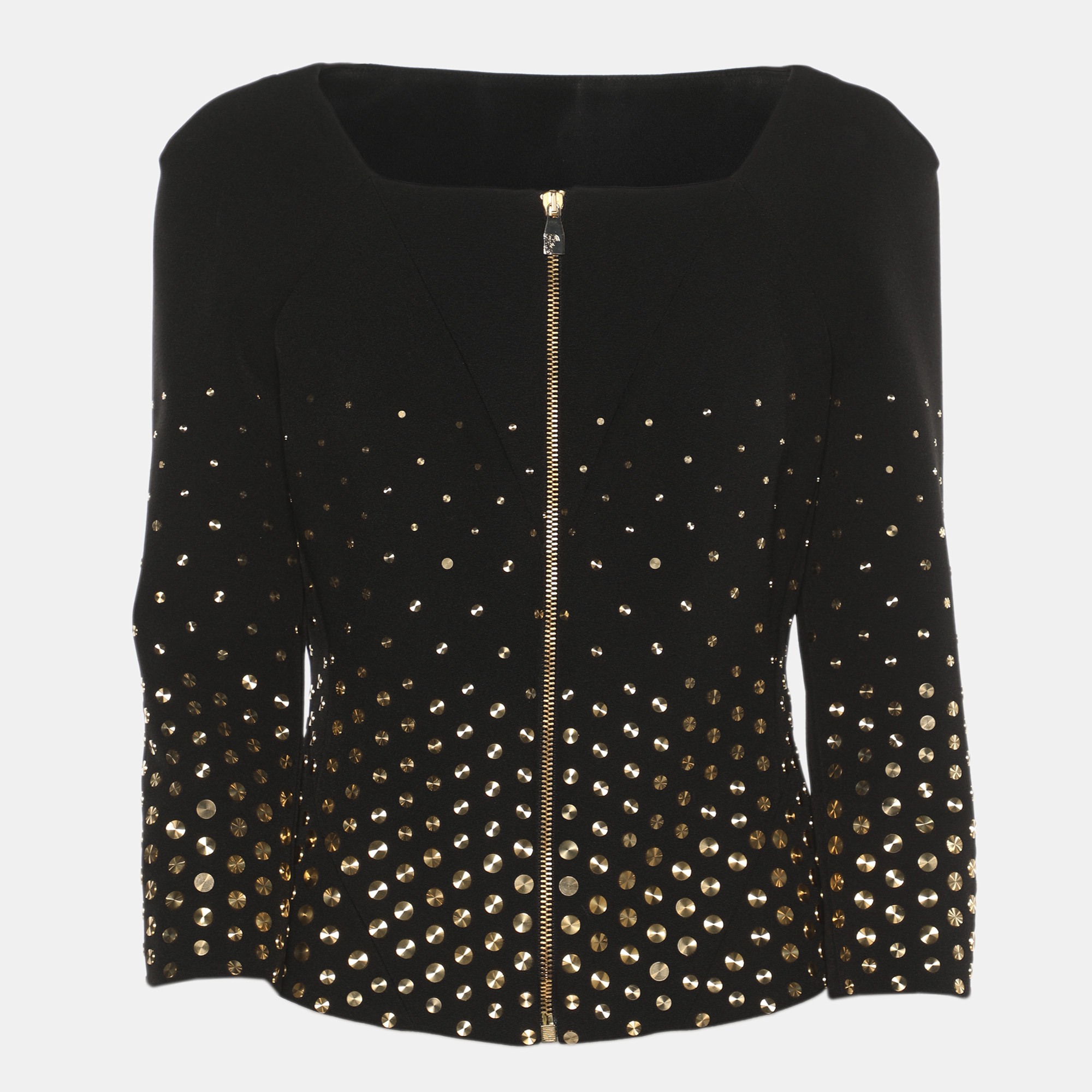 Versace Collection Black Stretch Crepe Gold Metal Applique Cropped Cardigan M