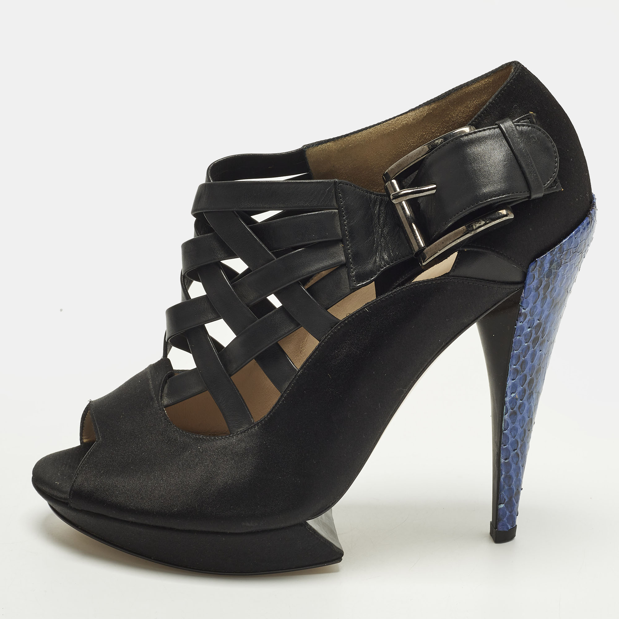 Nicholas Kirkwood Size 39 Black Satin and Snakeskin Leather Ankle Length Boots