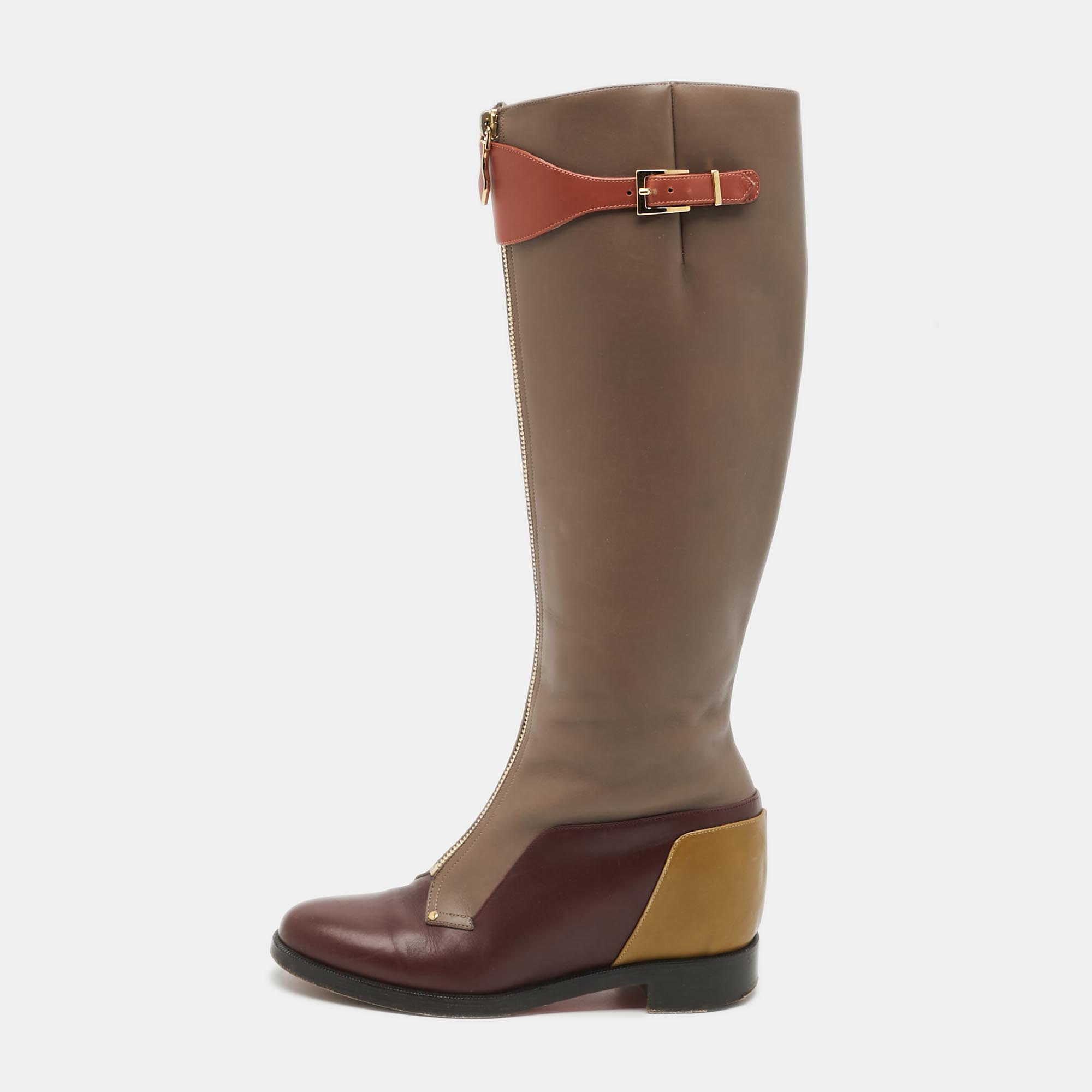 Christian Louboutin Size 36 Multicolor Leather Front Zip Knee Length Riding Boots