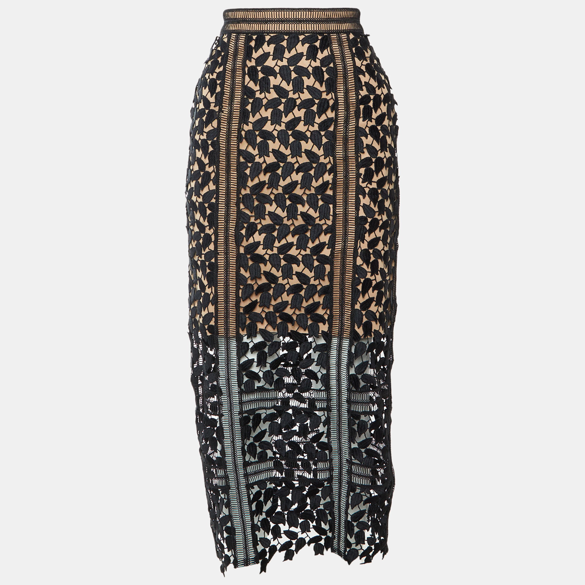 Self-Portrait Black/Beige Arabella Guipure Lace Midi Skirt S