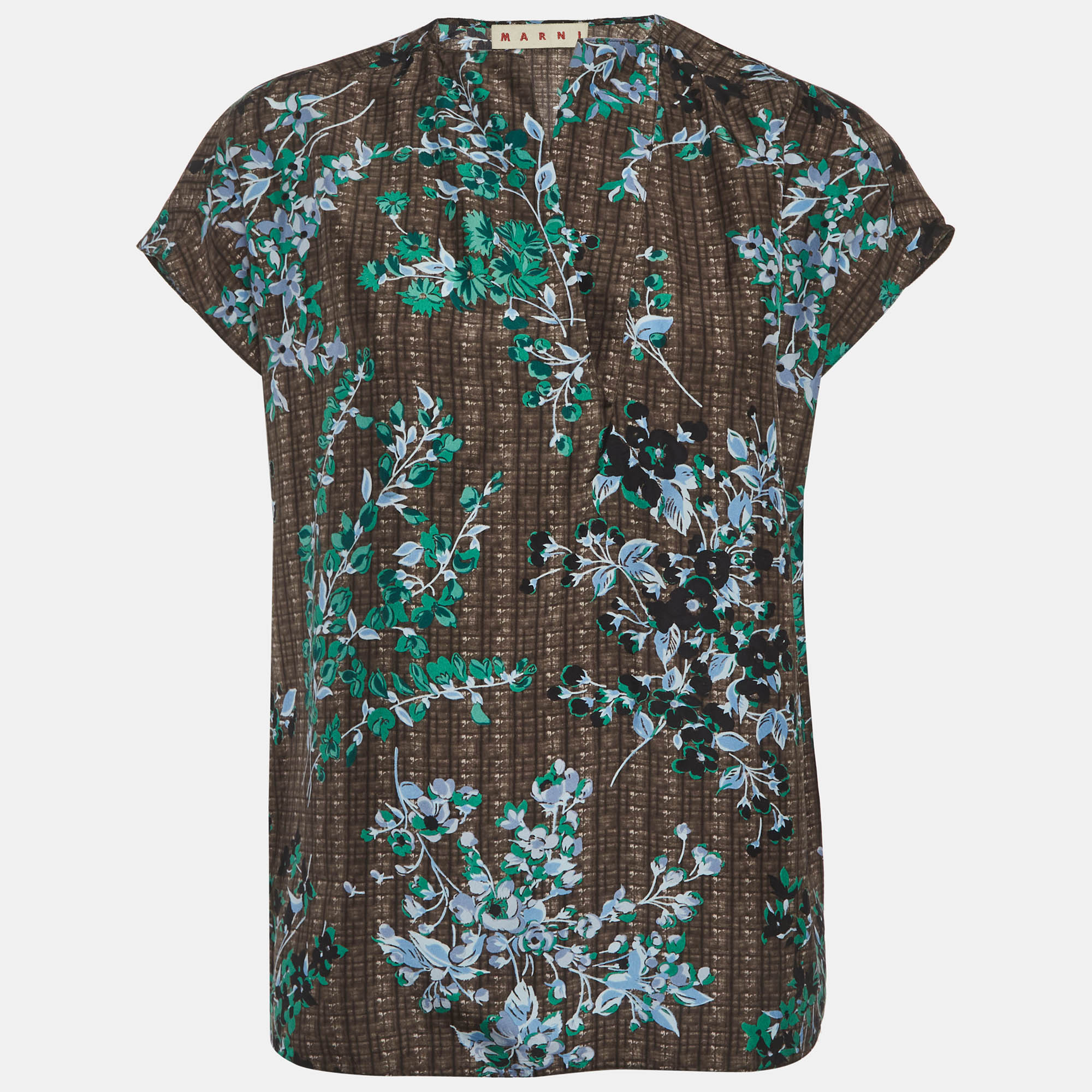 Marni Brown Floral Printed Silk Voile Blouse S