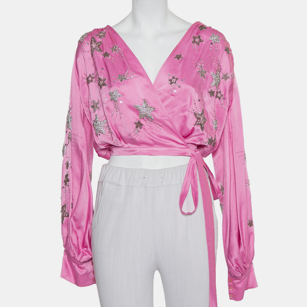Attico Pink Satin Bead Embellished Wrap Blouse S The Attico