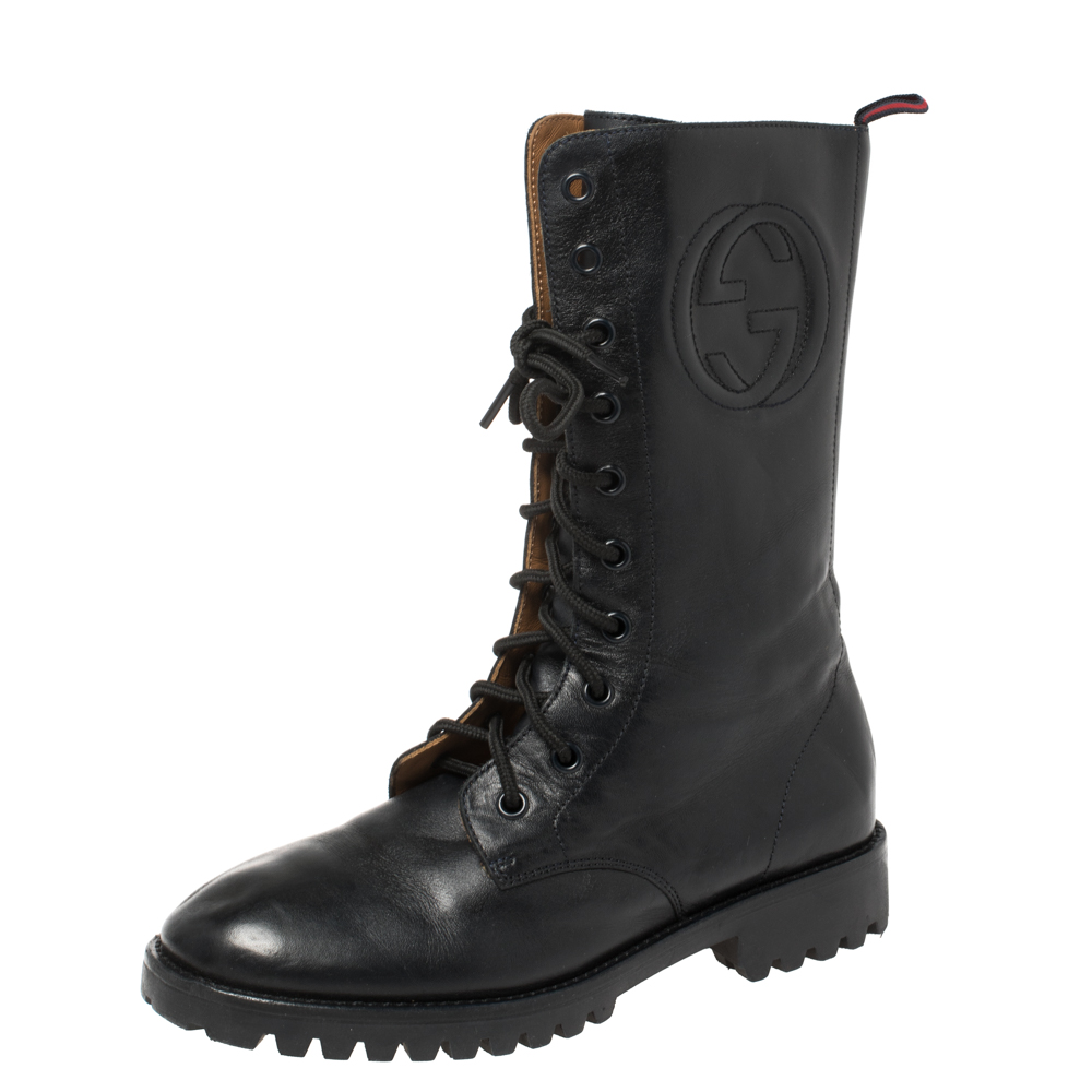 Gucci Deep Navy Leather Combat Boots Size 35