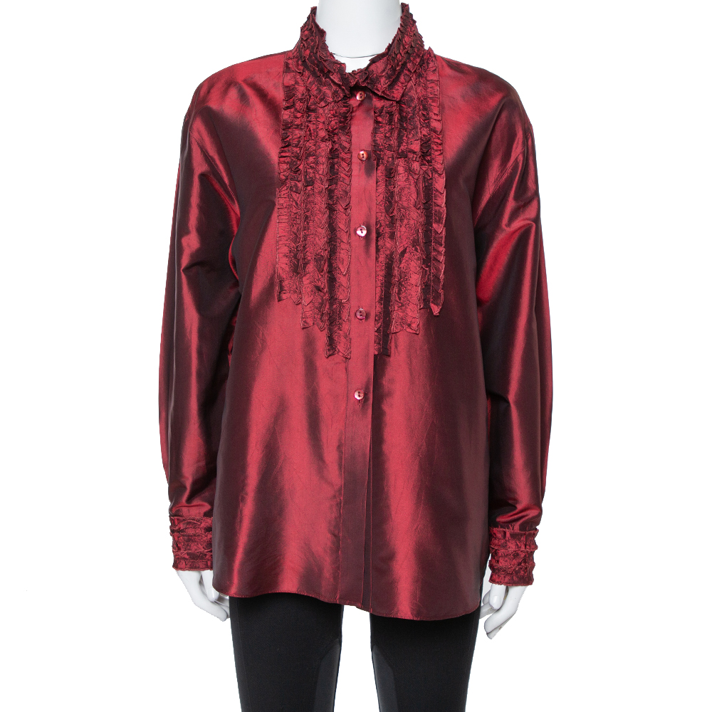Kenzo Maroon Silk Ruffled Detail Long Sleeve Blouse M