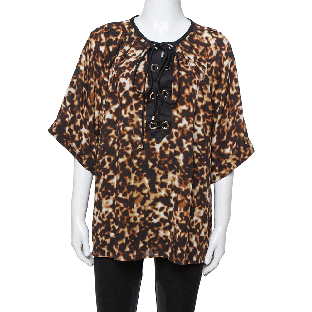 Roberto Cavalli Brown Printed Silk Crepe Tie Front Blouse L