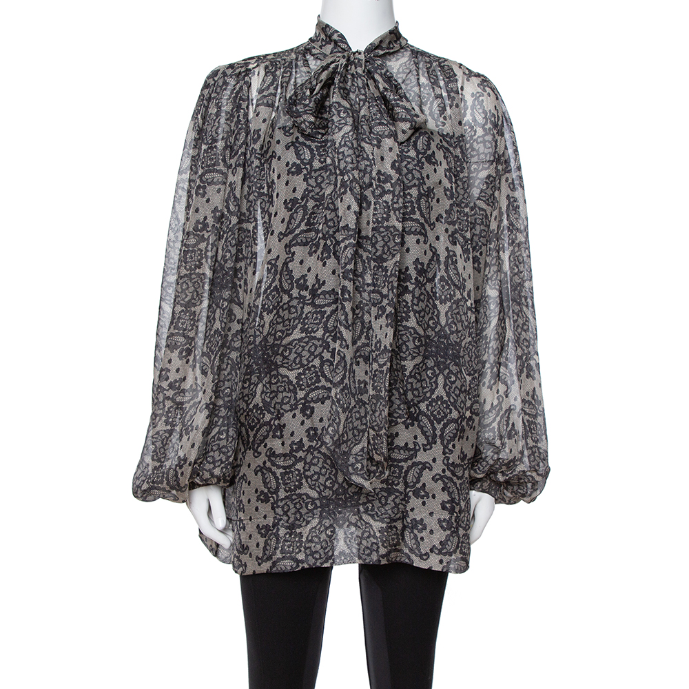 Dolce & Gabbana Grey Paisley Print Silk Bow Tie Blouse M