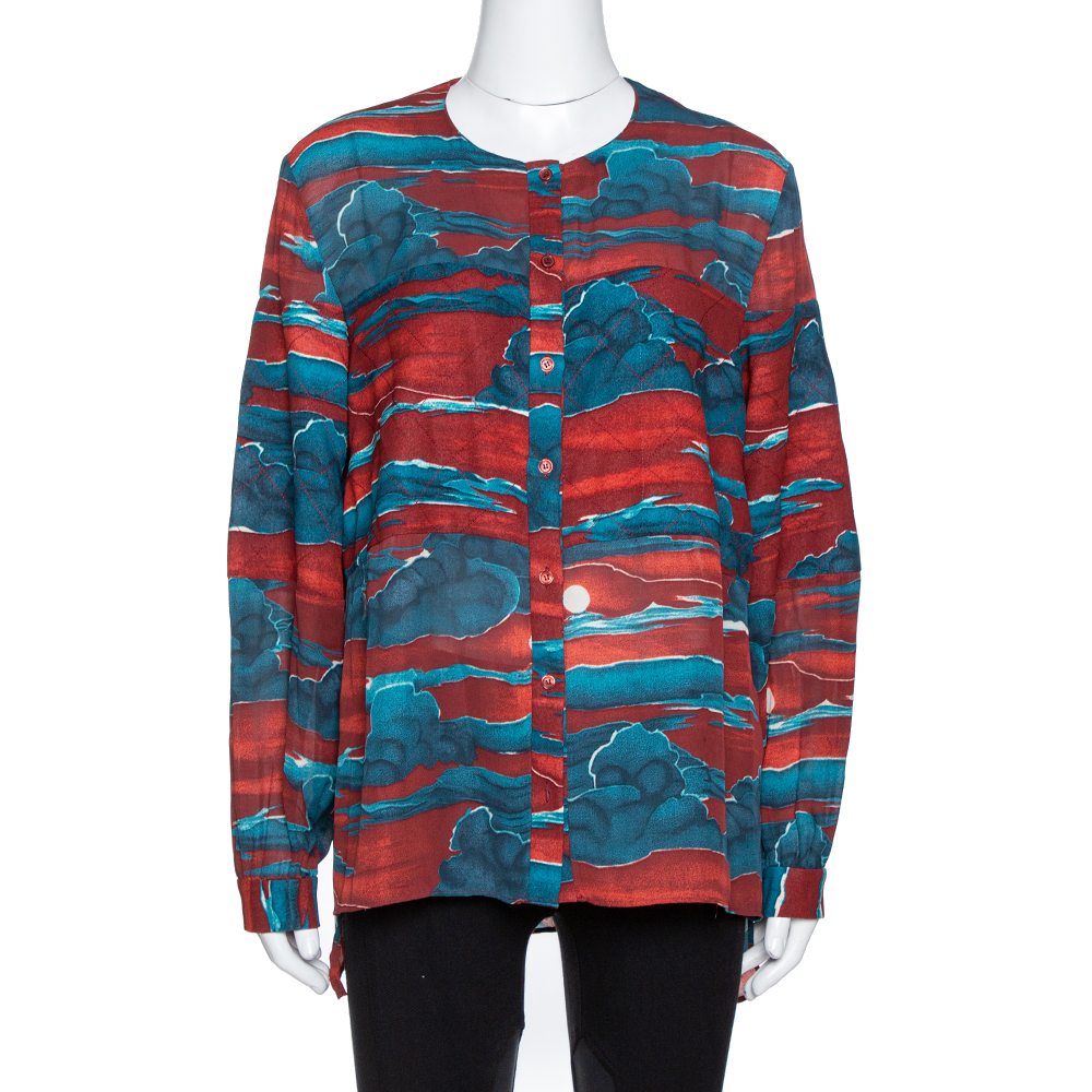 Kenzo Maroon Cloud Print Chiffon Long Sleeve Blouse L