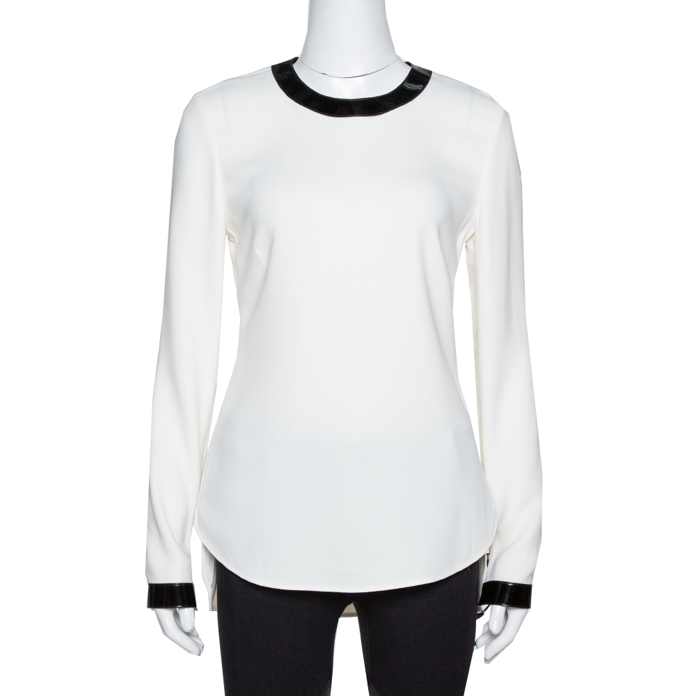 Ralph Lauren Off White Crepe Contrast Leather Trim Blouse S