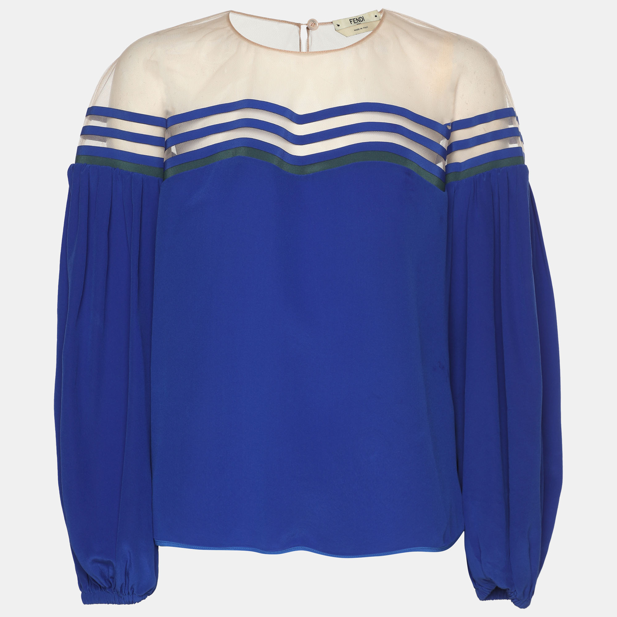 Fendi Blue Silk Tulle Illusion Long Sleeve Blouse S