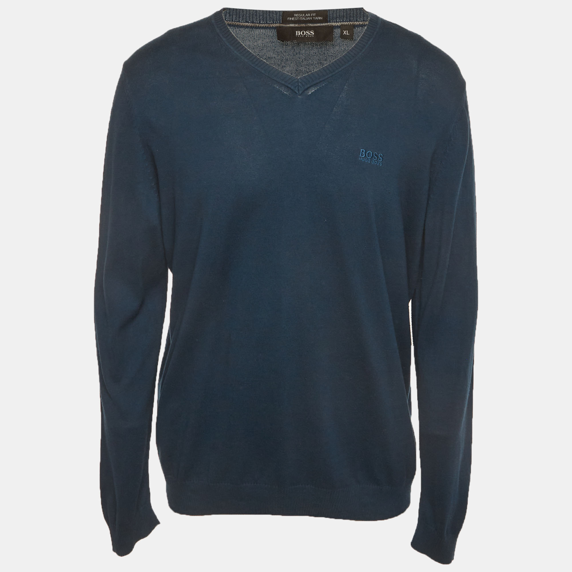 Hugo Boss Navy Blue Wool Knit V-Neck Sweater XL Boss By Hugo Boss
