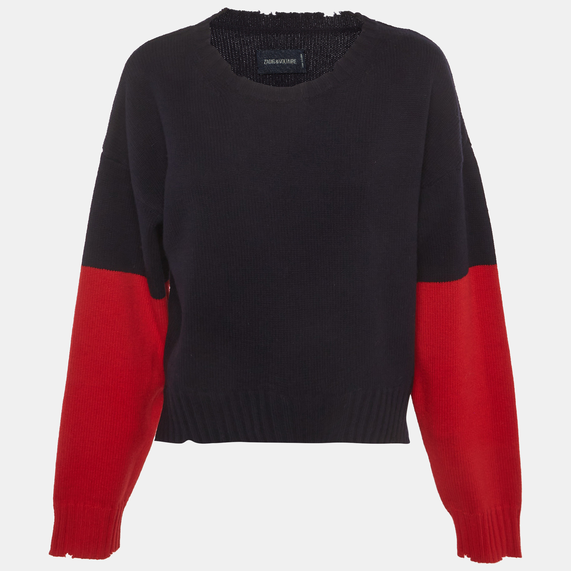 Zadig & Voltaire Navy Blue/Red Colour block Wool Distressed Sweater S