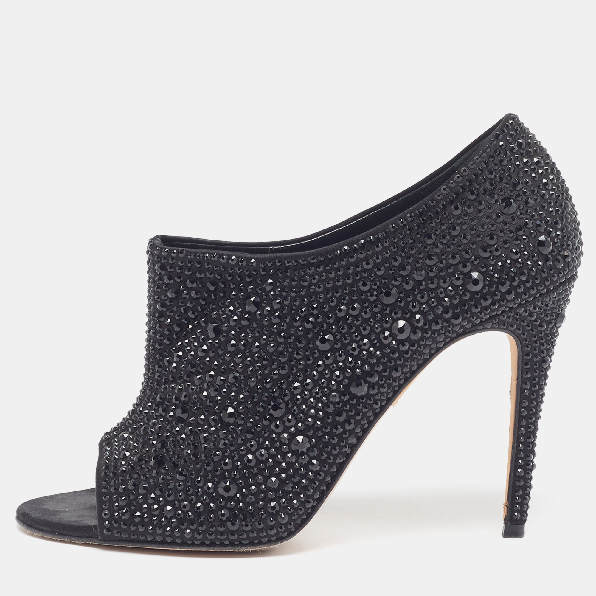 Gina Size 40 Black Satin Crystal Embellished Open Toe Booties
