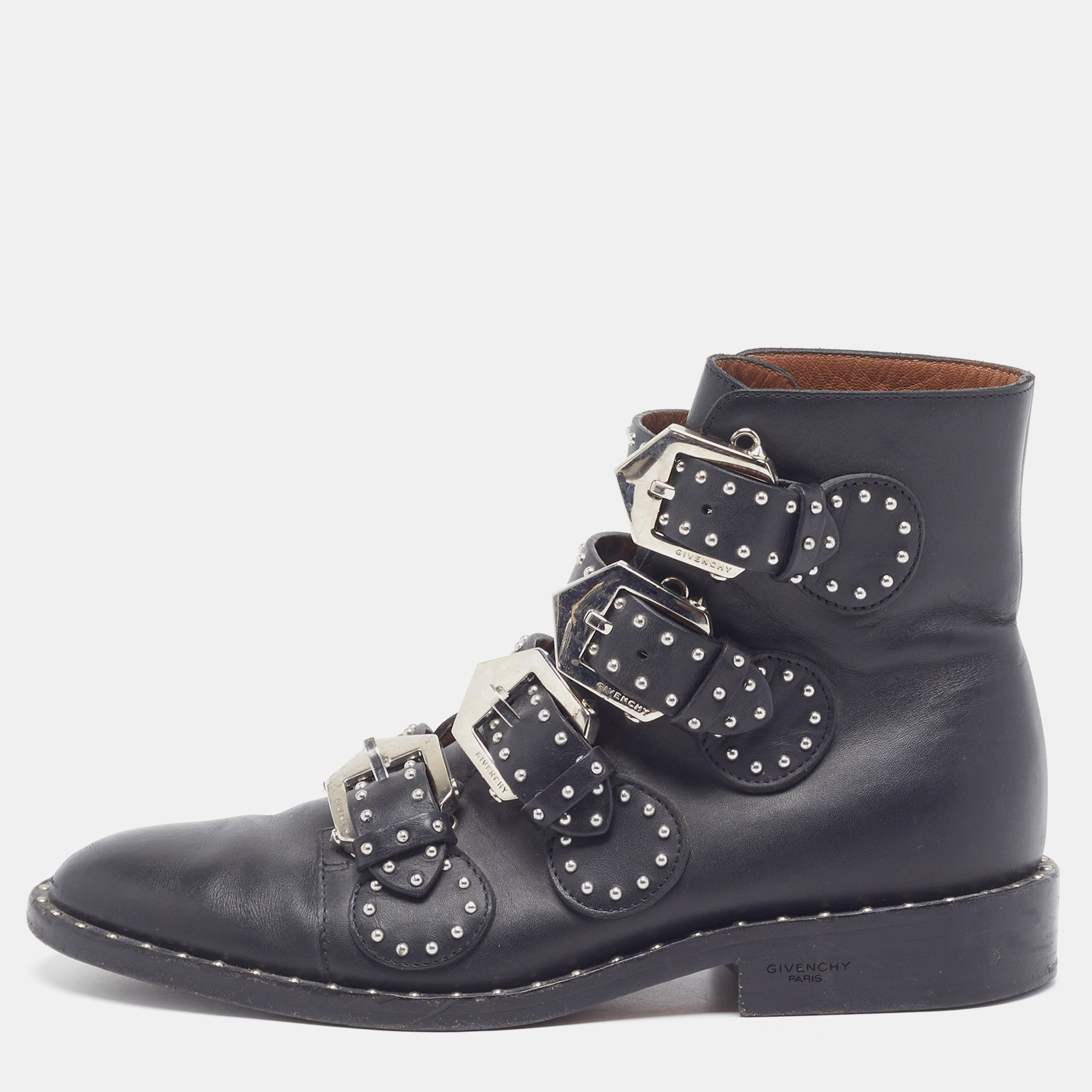 Givenchy Size 35 Black Leather Studded Buckle Detail Ankle Length Boots